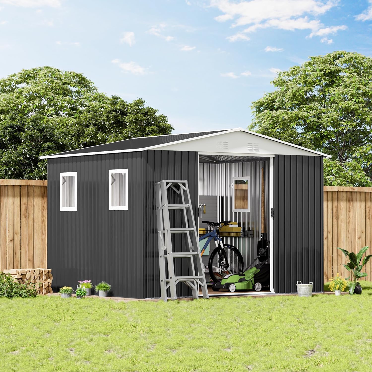 12FT x 10FT Outdoor Storage, Metal Anti-Corrosion Utility Tool House with Lockable Door & Shutter Vents，Outdoor Waterproof Garden Tool Storage Sheds