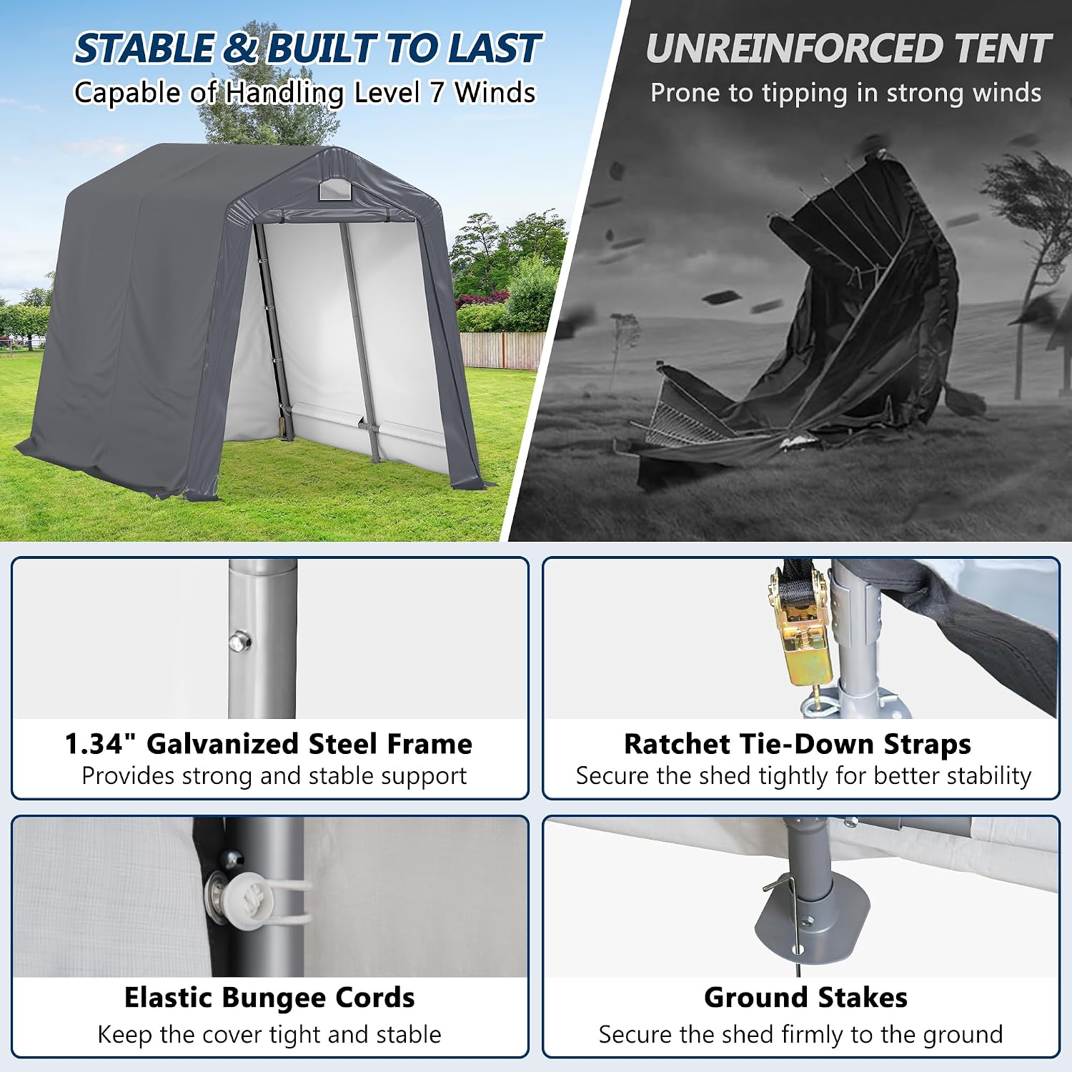 COVERONICS 7' x 12' Outdoor Storage Shed - Heavy Duty Portable Shelter Carport with Ventilation Windows and Roll-up Doors, Storage Shelter Tent for Motorcycle, Bike, Lawnmower and Garden Tools, Grey