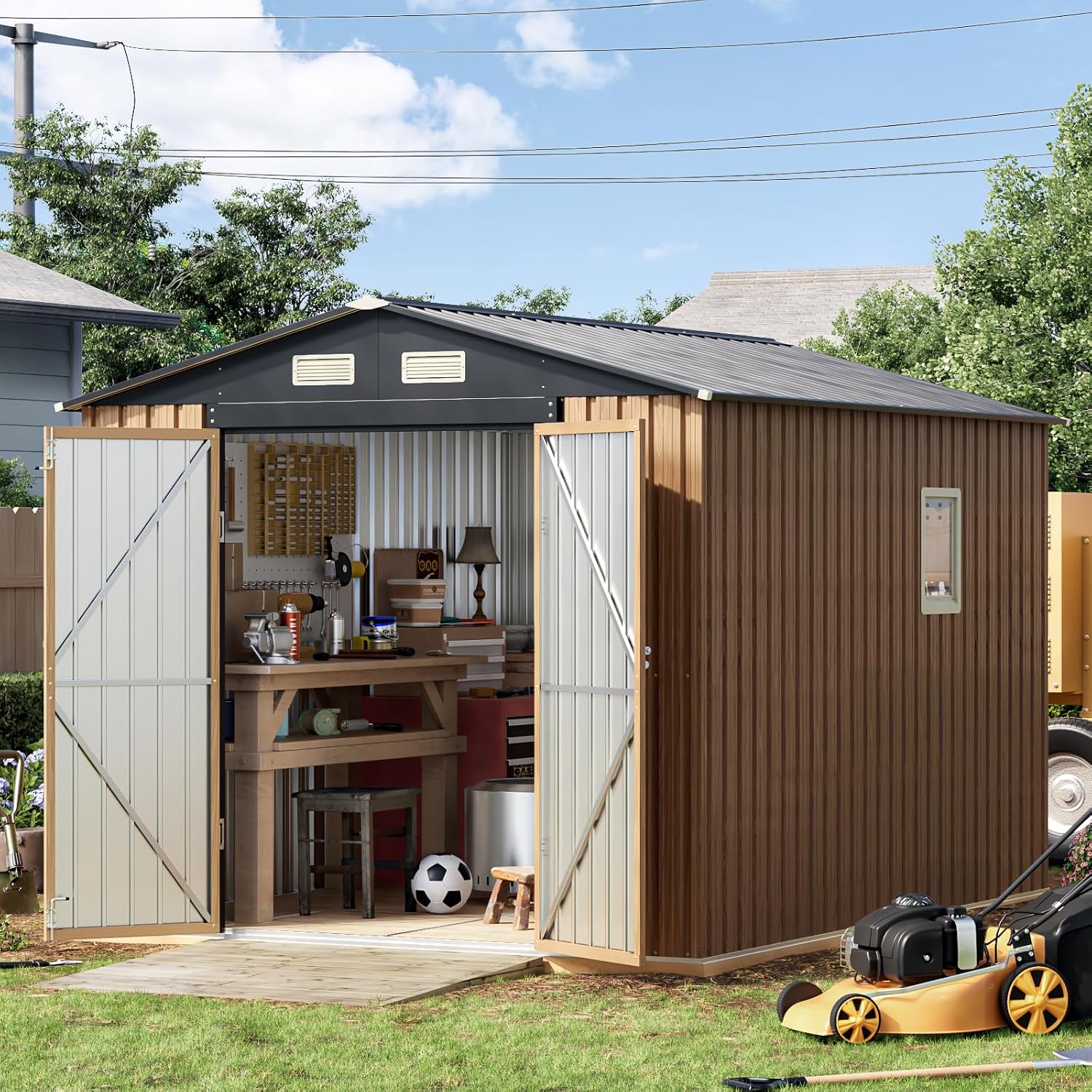 10X8 FT Garden Storage Shed with Lockable Door,Steel Tool Shed with 1 Clear Window, Anti-Corrosion Metal Shed for Backyard Patio Lawn (Wood Panels & Frame Floor Not Included)
