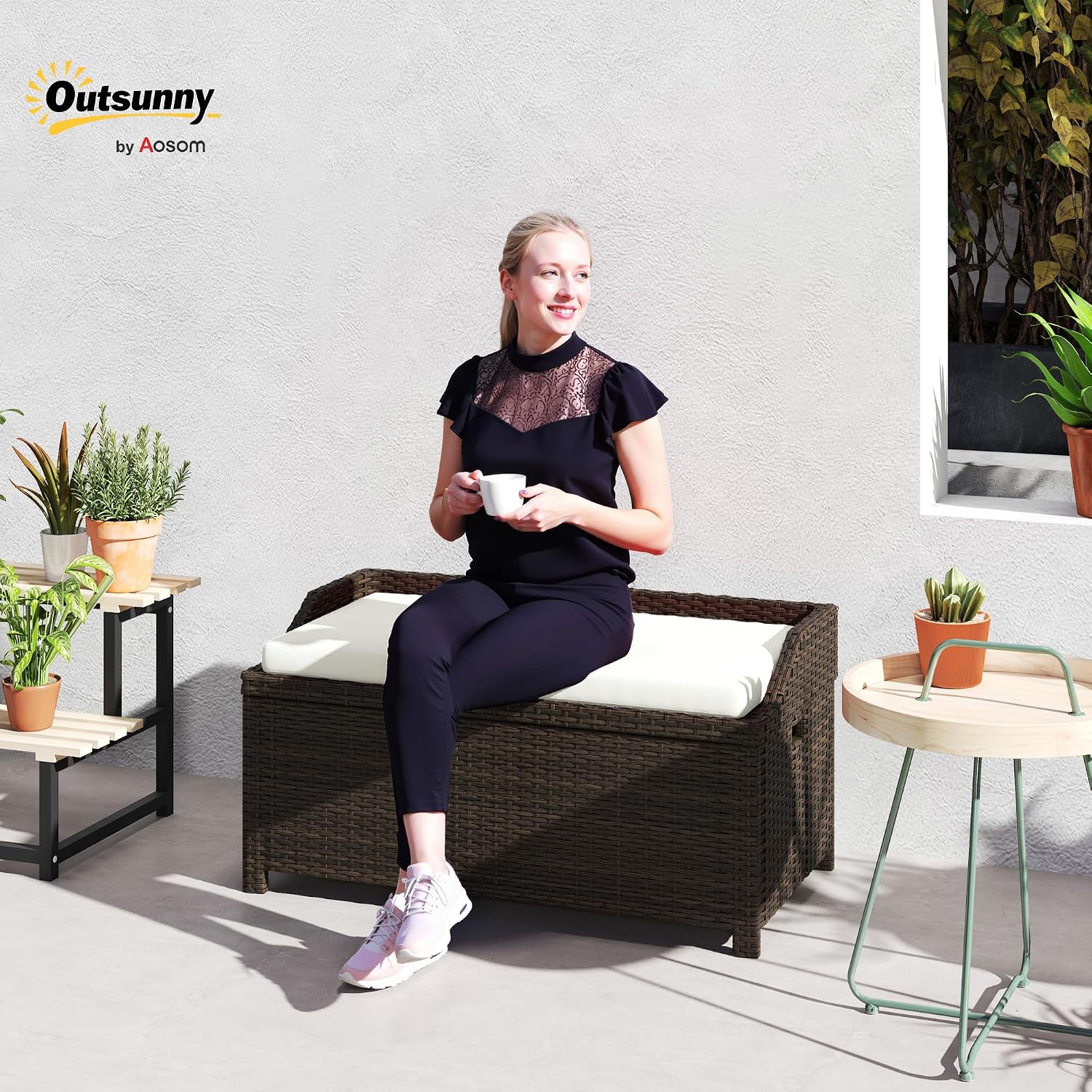 Outsunny 38 Gallon Outdoor Wicker Storage Bench Deck Box, PE Rattan Patio Furniture Pool Storage Bin Container with Interior Waterproof Cloth Bag and Comfortable Cushion, White
