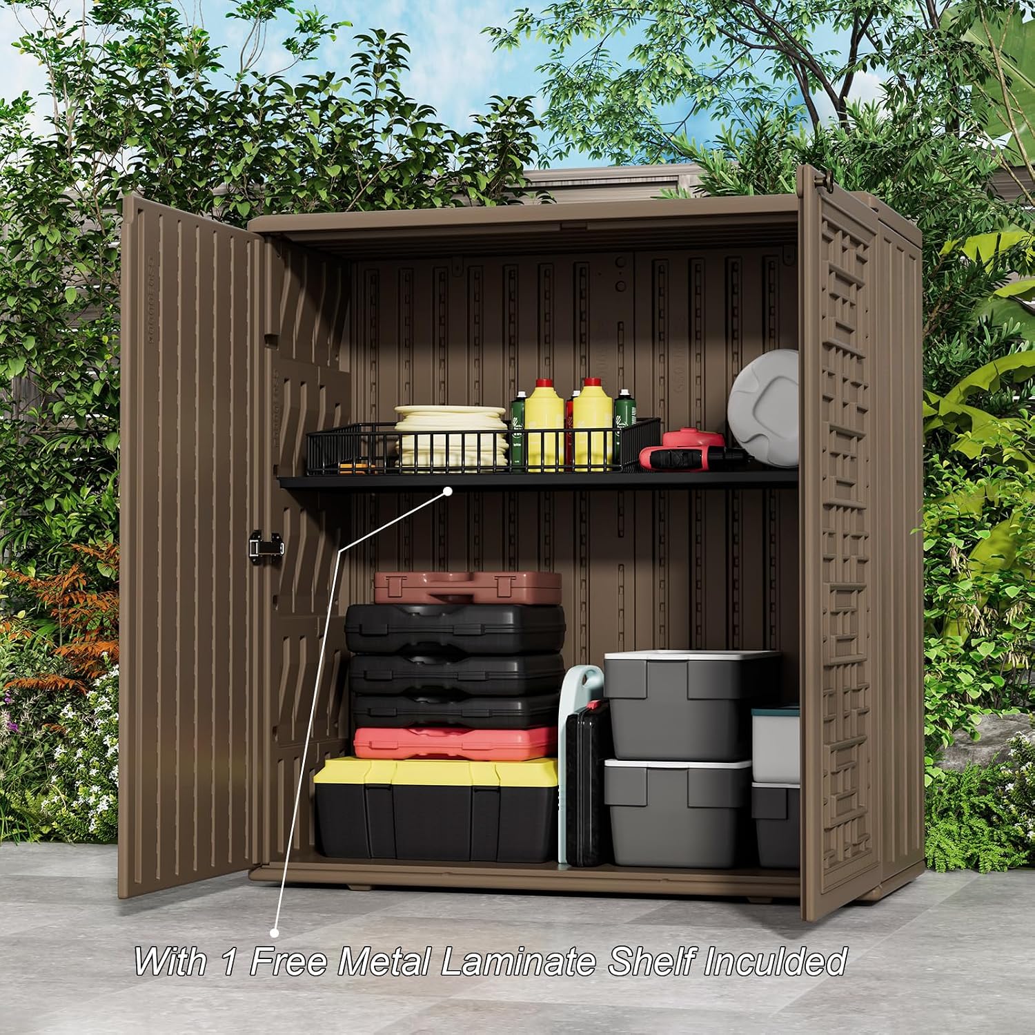 HOMSPARK Indoor/Outdoor Storage Cabinet with Doors and Shelf, 34'x16'x36' HDPE Plastic Storage Box for Patio, Balcony, Multi-Purpose for Tools, Brown