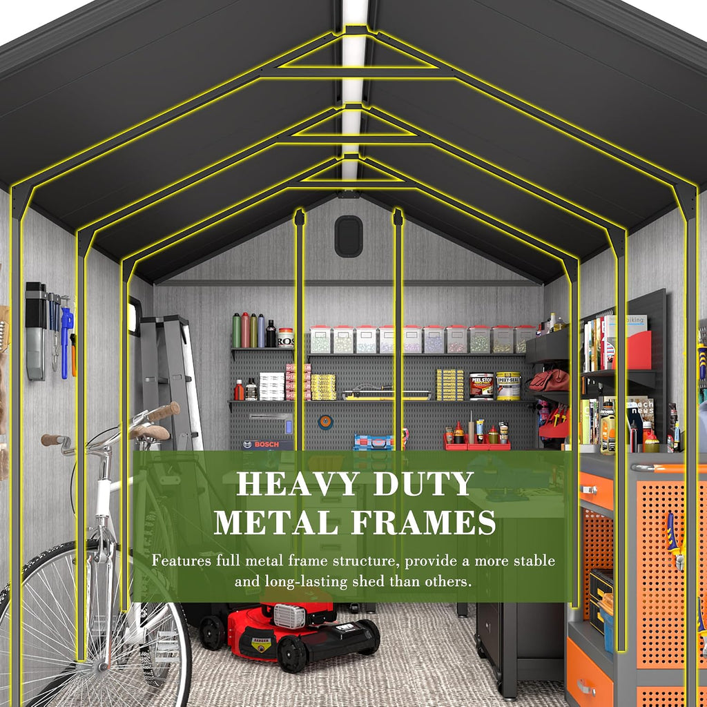 Domi 8x13.5FT Outdoor Resin Storage Shed with Transparent Windows & Louvered Vents, Plastic Tool Shed with Double Lockable Doors & Gable Roof, Outside Garden Shed for Backyard, Patio, Lawn, Grey