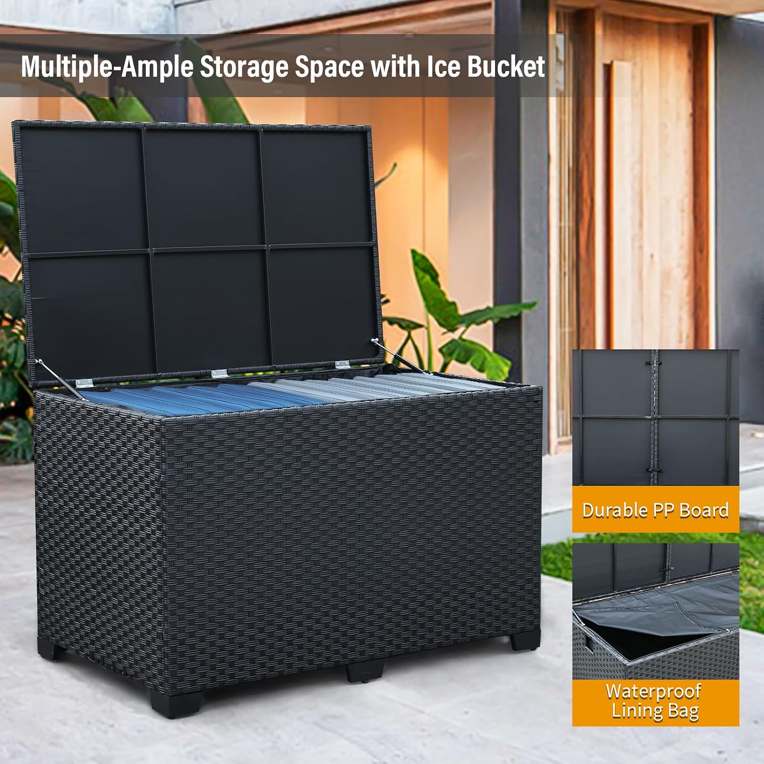 Rattan Star 140 Gallon Patio Storage Bin Wicker Outdoor Storage Box Waterproof Lining Bag Large Deck Box and Cushion Storage Bin Outdoor, Black Wicker