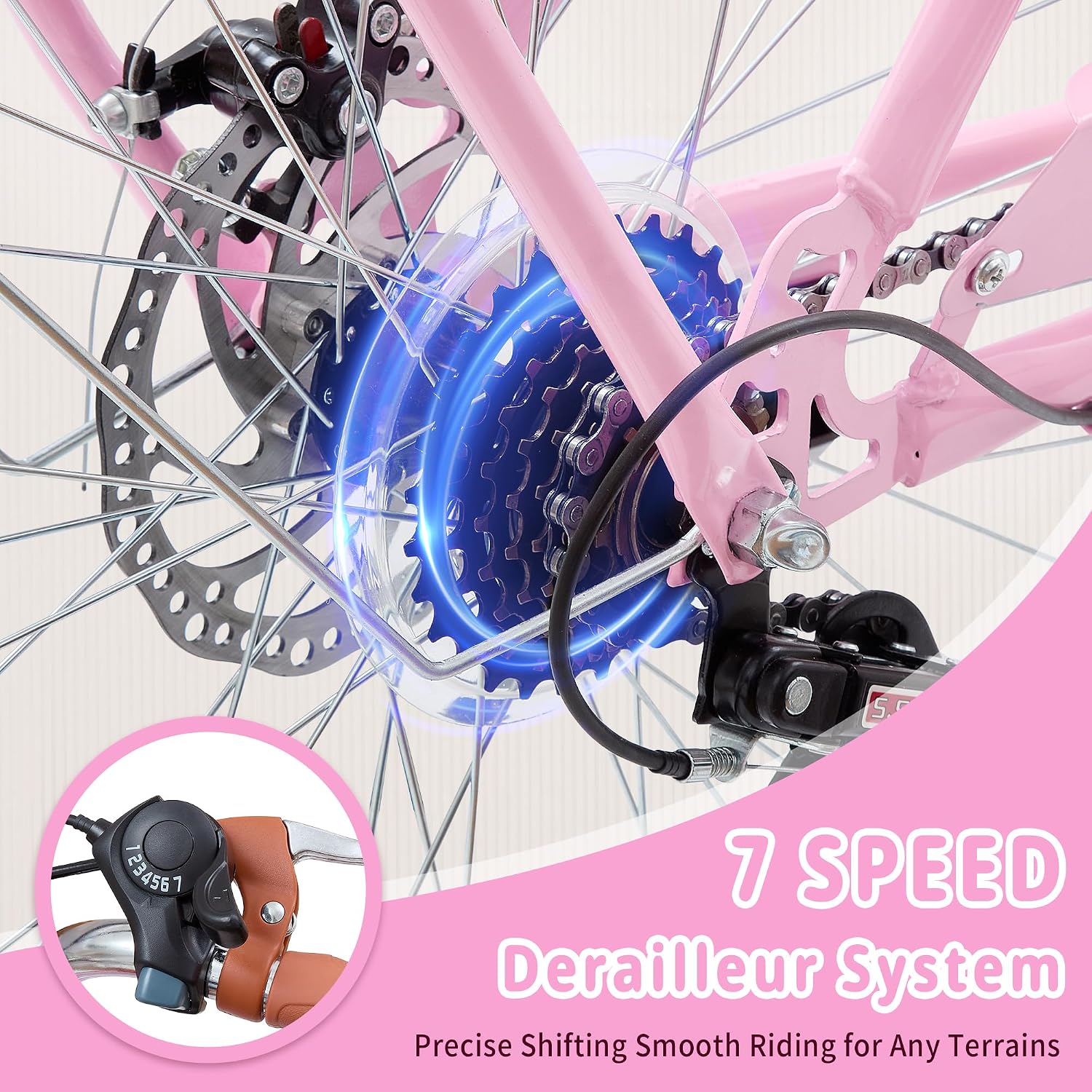 DEYGIA Kids Bike, Retro Cruiser Bike for Girls, 20 24 Inch 7-Speed Kids Bicycles for Ages 6-14 Girls Youth with Rattan Basket, Dual-Disc Brake Carbon Steel Frame Lightweight Bicycle, Multiple Colors