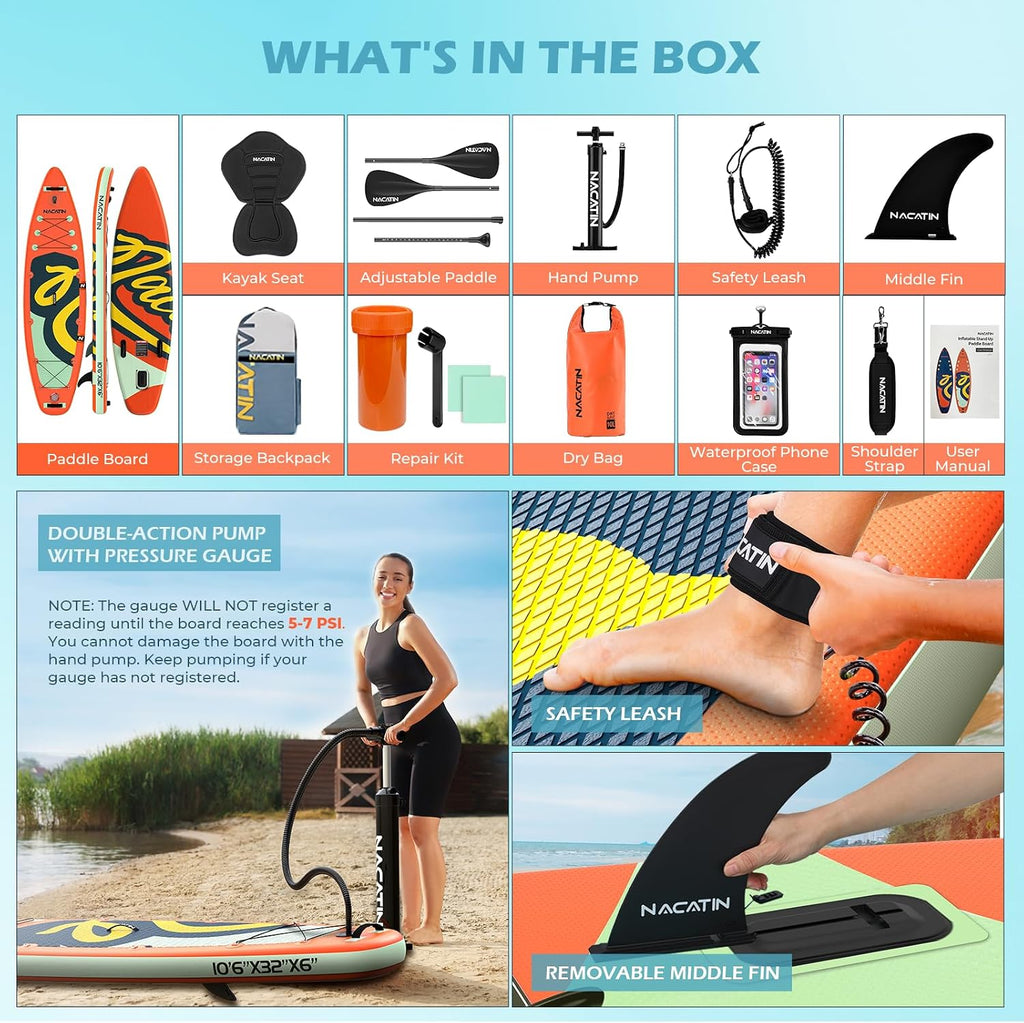 NACATIN Inflatable Stand Up Paddle Board,10'6'Upgrade Version Blow Up Paddle Boards for Adults with Premium SUP Accessories& Backpack,Adjustable Paddle,Camera Mount,Hand Pump, for Lake, River, Yoga