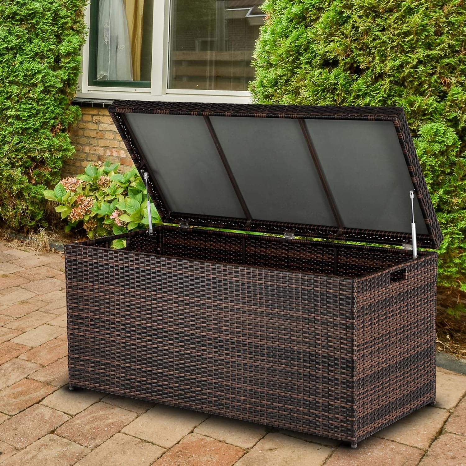 VINGLI Outdoor Wicker Storage Box, 132 Gallon Patio Rattan Deck Box, Wicker Storage Bench for Indoor & Outdoor Use