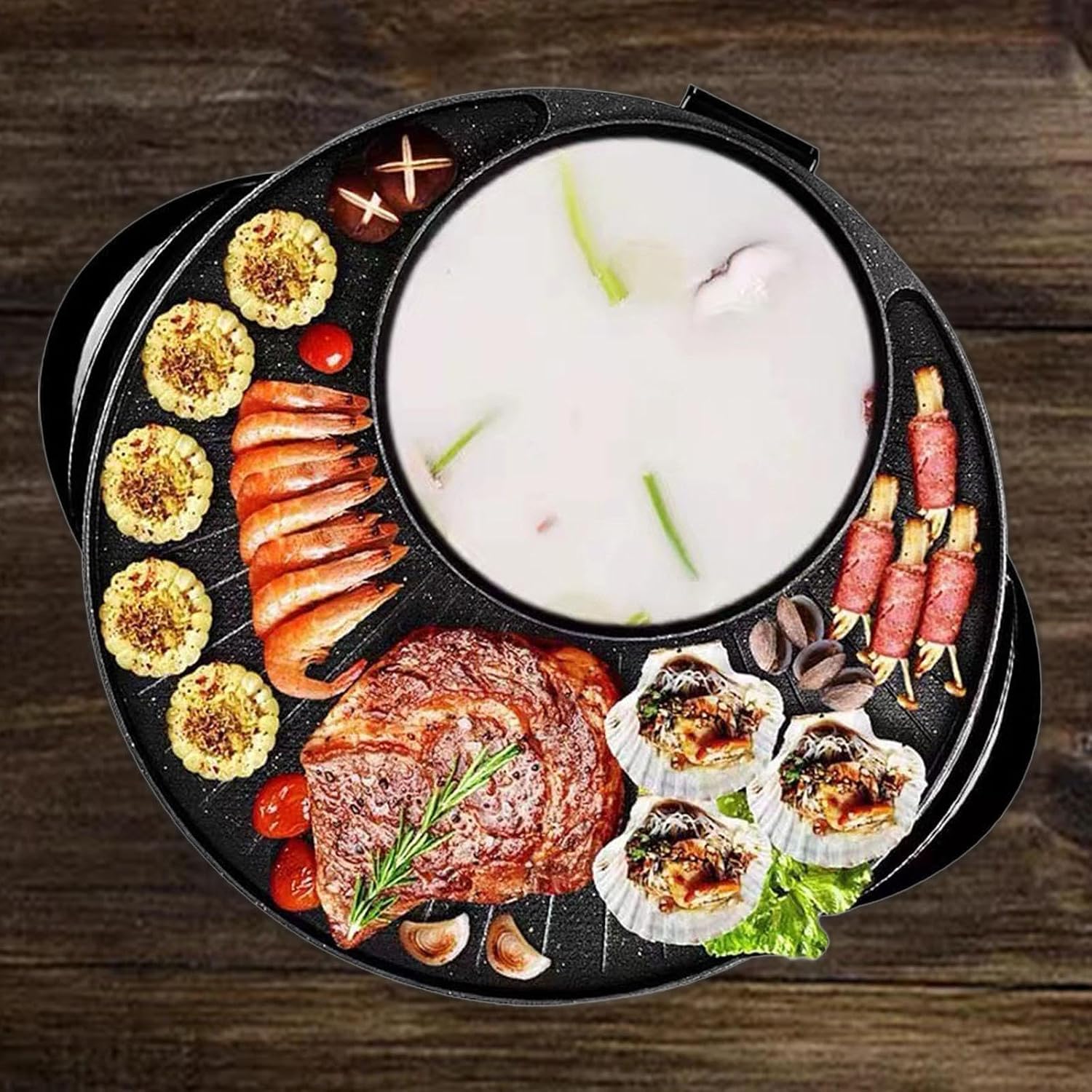 Electric Grill and Hot Pot 2 in 1 Portable Cookware Round Multifunctional Korean BBQ for Family Indoor Picnic Camping Outdoor, 32cm(36cm)