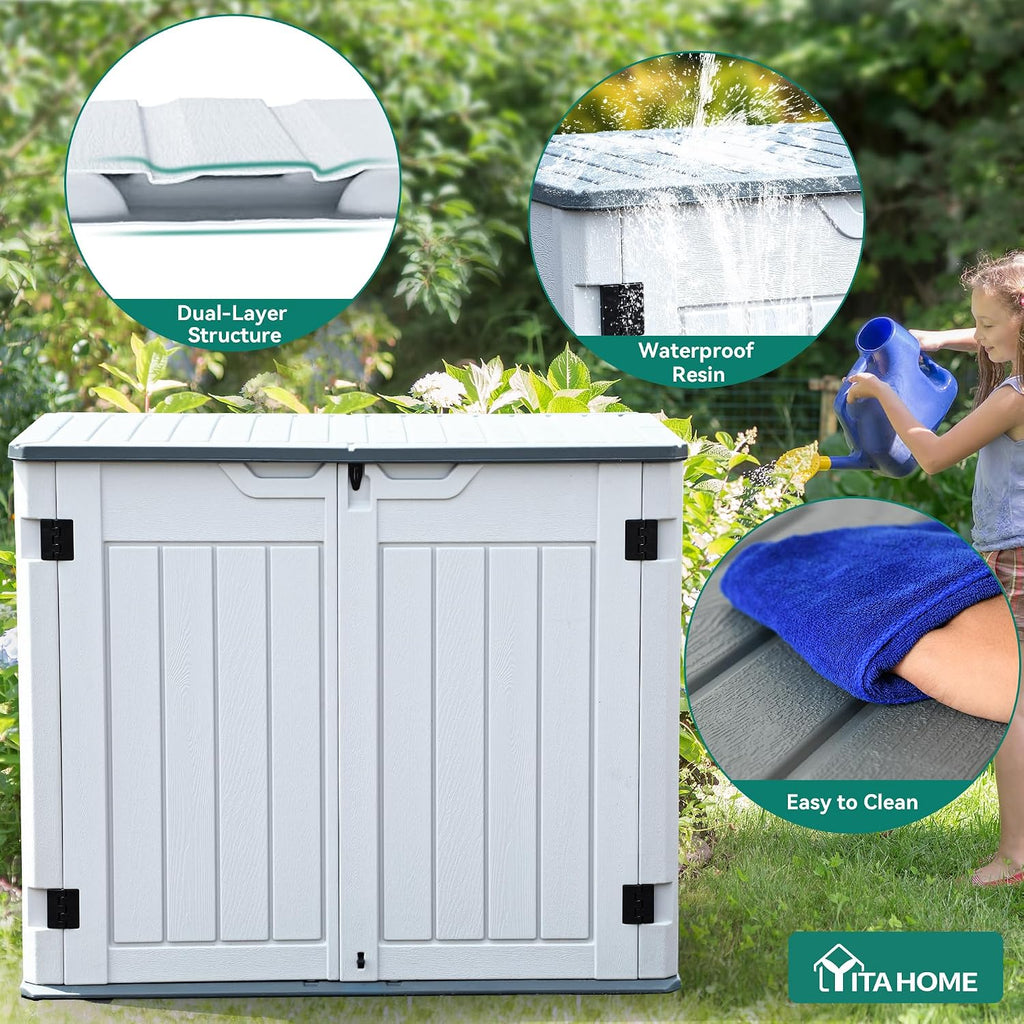 YITAHOME Extra Large Outdoor Horizontal Storage Shed, 4.5x4ft Resin Tool Sheds w/o Shelf, Easy to Assemble Waterproof Storage for Trash Cans, Garden Tools, Lawn Mower, Lockable, Light Gray