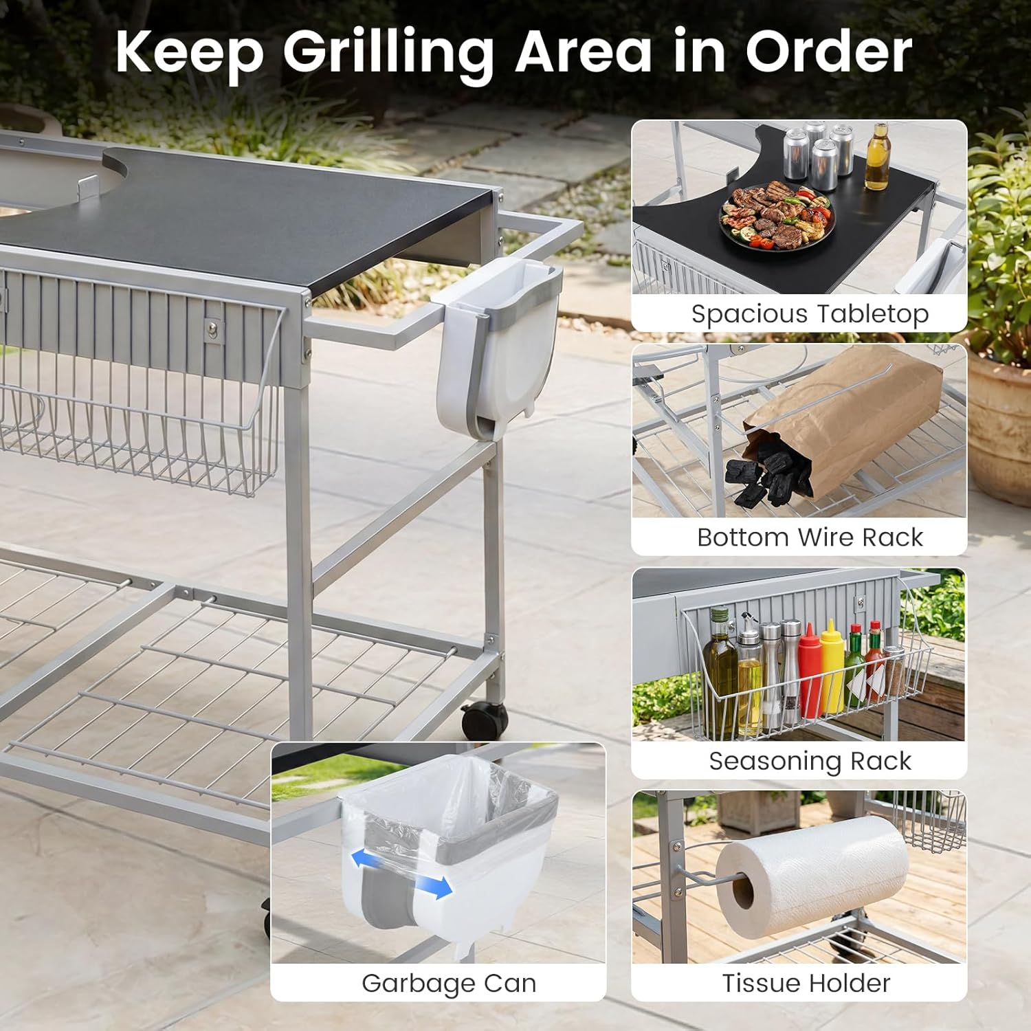 HAPPYGRILL Outdoor Grill Table for 18'& 22' Weber Original Kettle, Movable BBQ Grill Cart w/Wire Rack, Seasoning Rack & Garbage Can, Prep Kitchen Island w/Storage for Backyard Camping Picnic