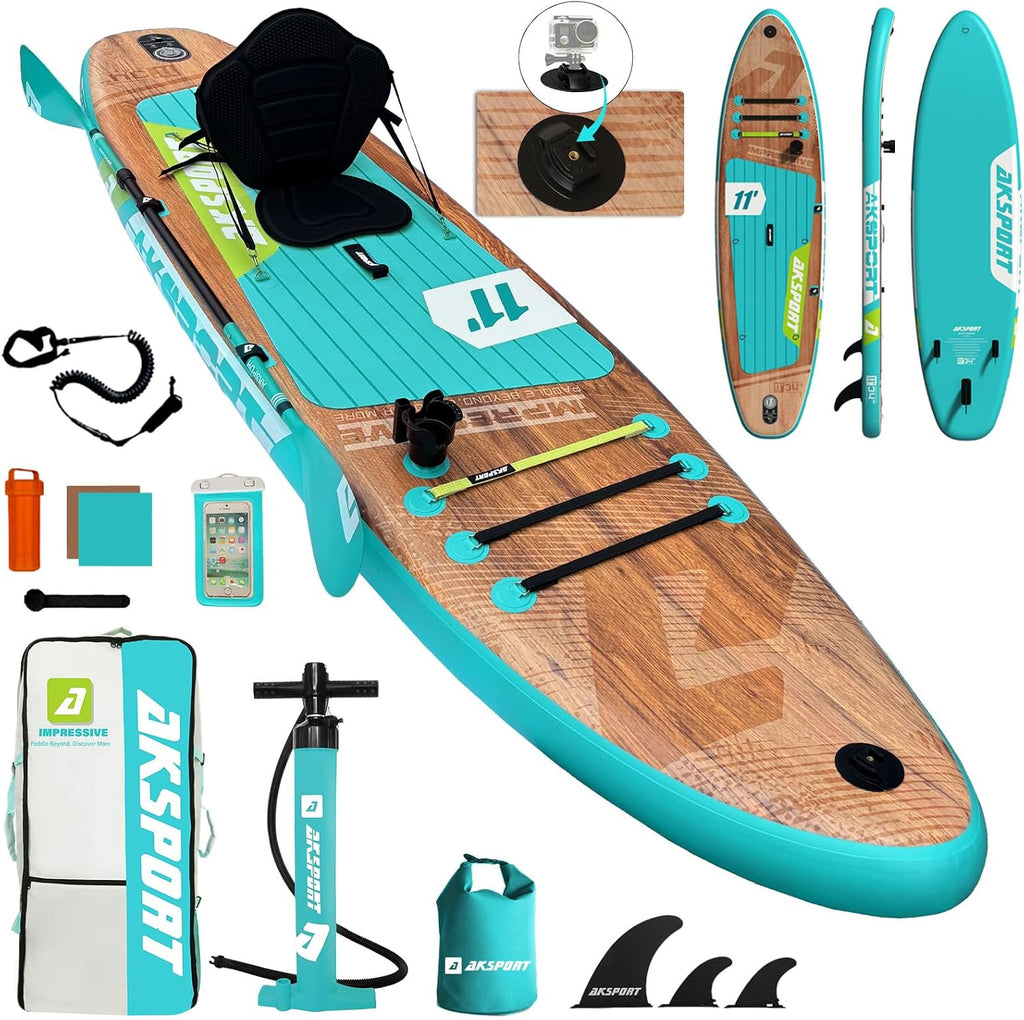 AKSPORT 11' Inflatable Stand-Up Paddle Board with Upgraded SUP Accessories Kit | Extra Wide 34' Design | Non-Slip Deck | Premium SUP Board for Adults & Youth of All Levels