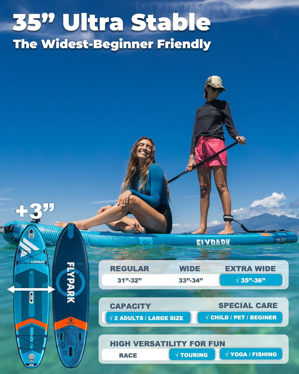 Flypark 10'8/11'x35'' Fishing&Family Stable Inflatable Paddle Boards, Extra Wide SUP Paddleboard Inflatable, 430lb/3 People, Stand Up Paddle Board for Adults, Camera Mount, Shoulder Strap, Rod Holder