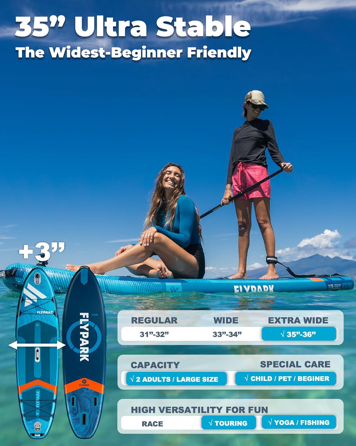 Flypark 10'8/11'x35'' Fishing&Family Stable Inflatable Paddle Boards, Extra Wide SUP Paddleboard Inflatable, 430lb/3 People, Stand Up Paddle Board for Adults, Camera Mount, Shoulder Strap, Rod Holder
