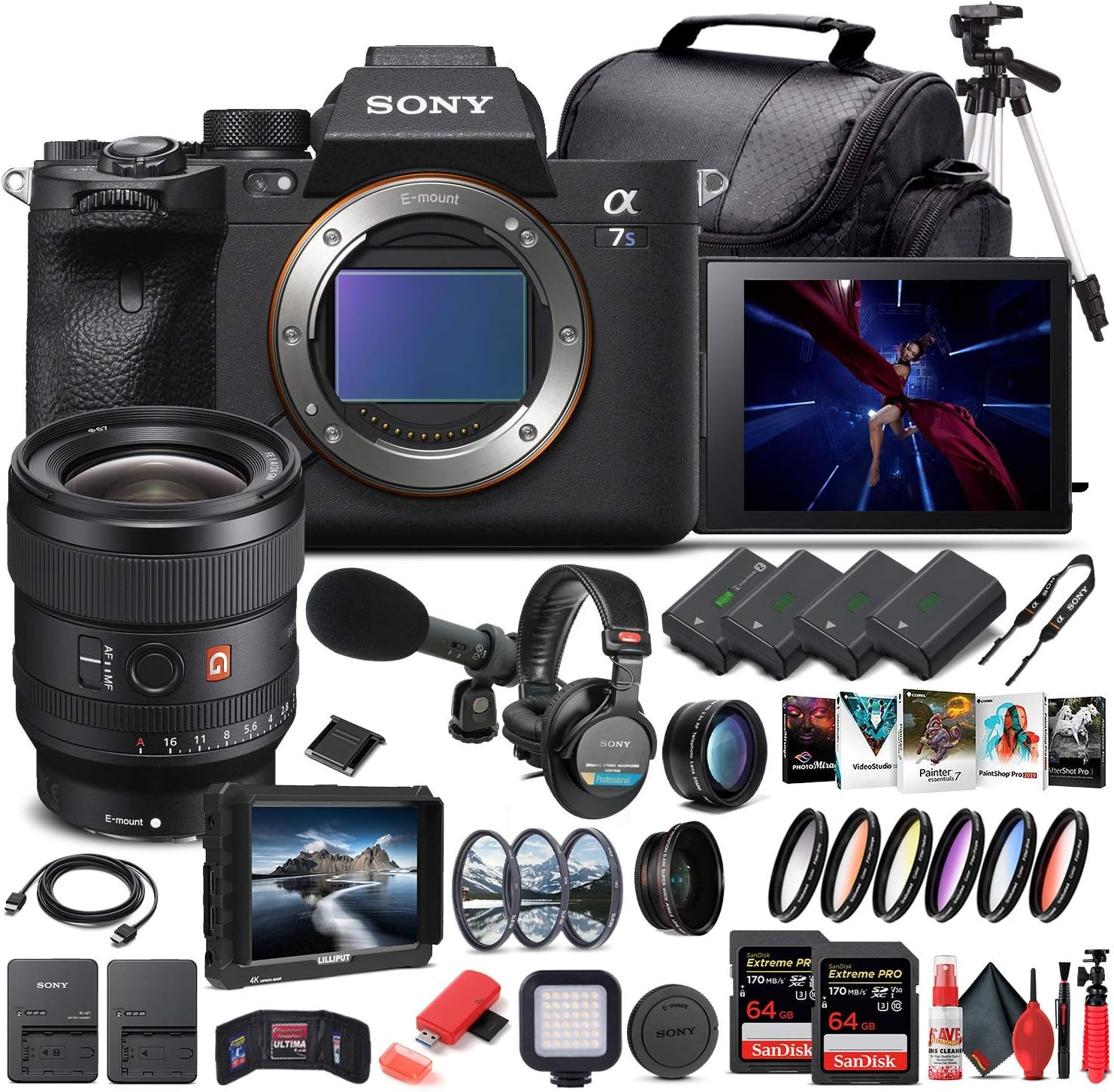 Sony Alpha a7S III Mirrorless Digital Camera (Body Only) (ILCE7SM3/B) + Sony FE 24mm Lens + 4K Monitor + Pro Headphones + Pro Mic + 2 x 64GB Memory Card + 3 x NP-FZ-100 Battery + More (Renewed)