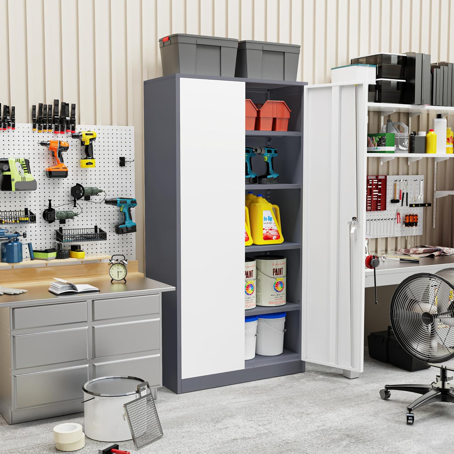 Incbruce 72' H x18 D Patio Metal Storage Cabinet, Outdoor Storage Cabinet with Doors and Adjustable Shelves, Tool Shed for Home, Patio, Office (Grey White)