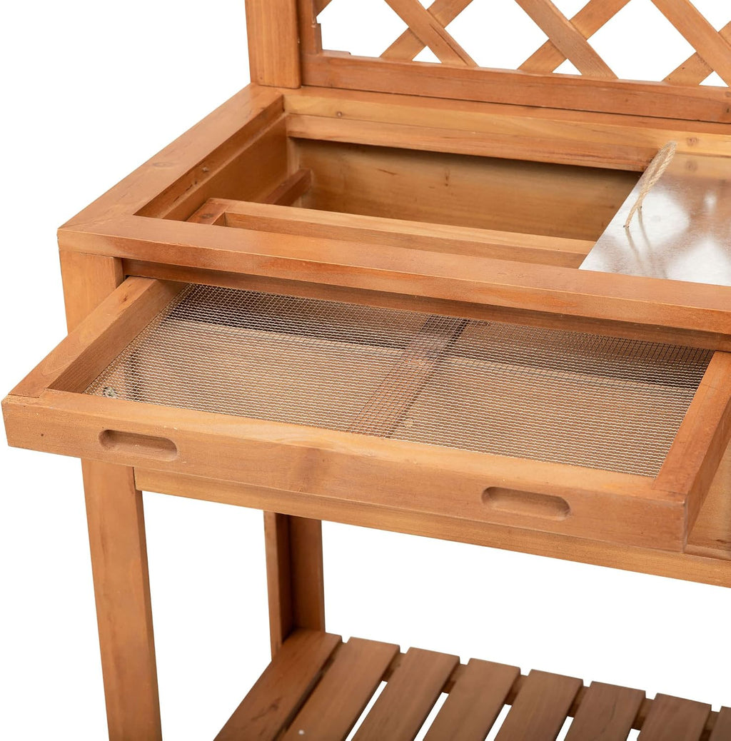 Outsunny Garden Potting Bench, Outdoor Wooden Workstation Table w/Metal Screen, Drawer, Hooks, Storage Shelf, and Lattice Back for Patio, Backyard and Porch, Natural