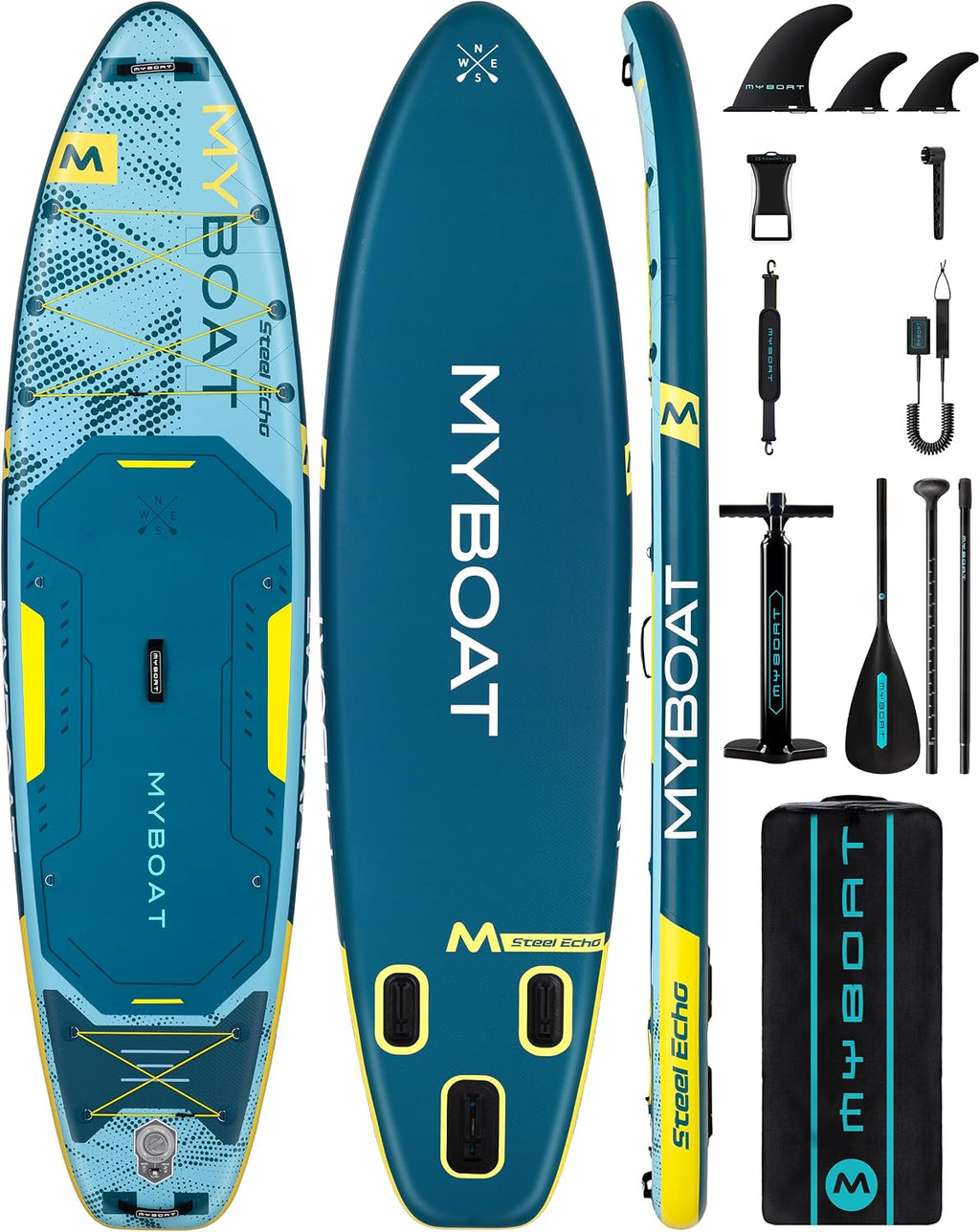 MYBOAT 11'6' Extra Wide Inflatable Paddle Board, 450LB Max Capacity Stable SUP for 2-3 People, Non-Slip Stand Up Board for Beginners & Fishing, Versatile 15 D-Rings, Dual Bungee, 3-Fin Stability