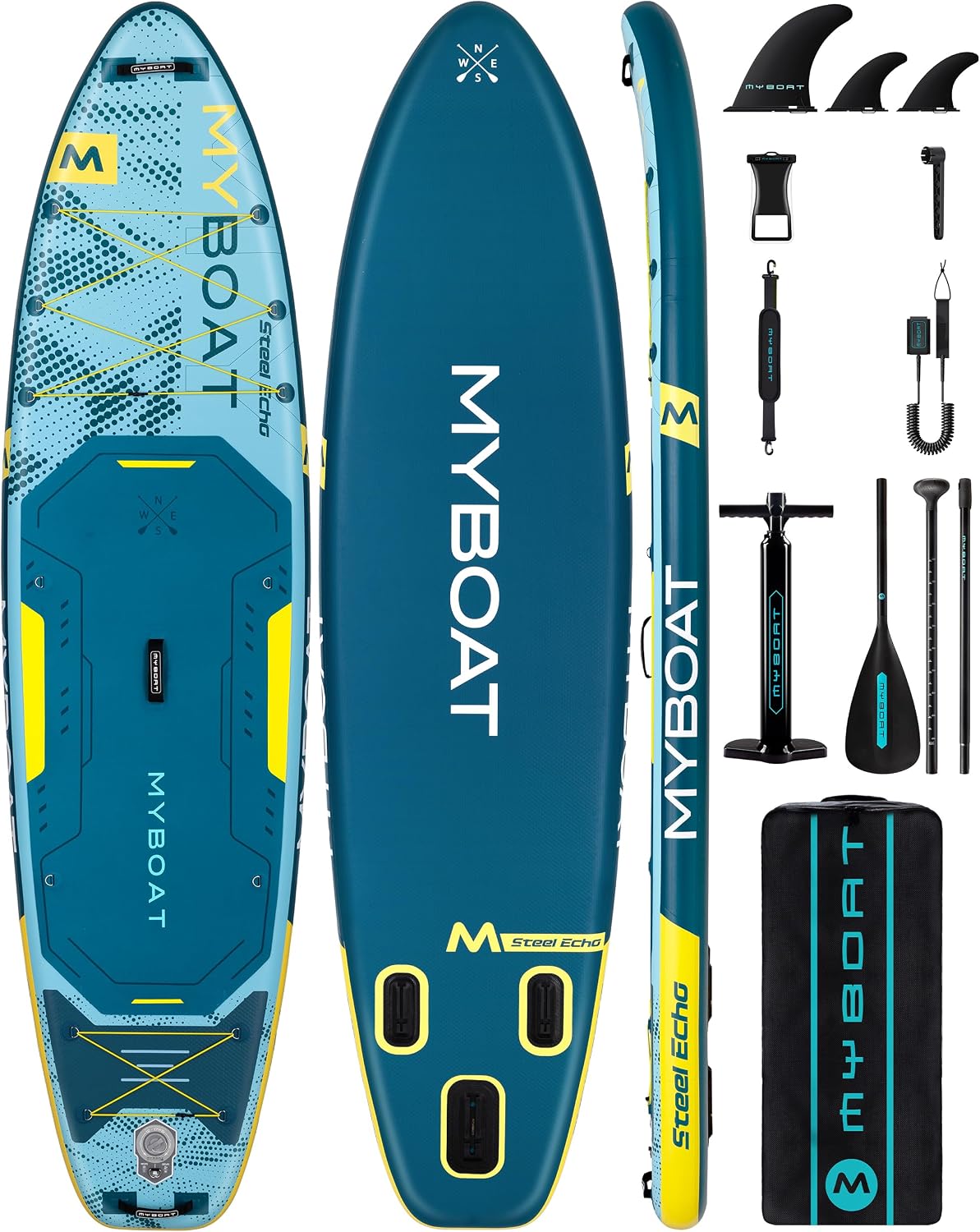 MYBOAT 11'6' Extra Wide Inflatable Paddle Board, 450LB Max Capacity Stable SUP for 2-3 People, Non-Slip Stand Up Board for Beginners & Fishing, Versatile 15 D-Rings, Dual Bungee, 3-Fin Stability