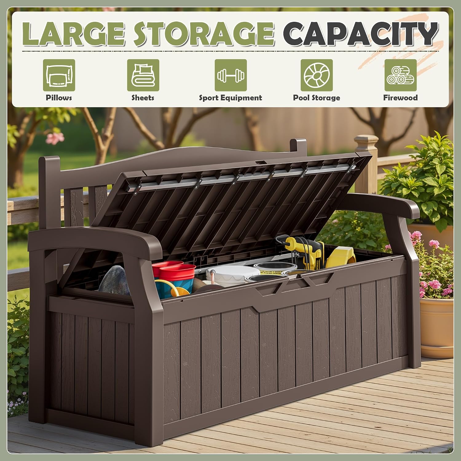 Homall 75 Gallon Outdoor Storage Benches Lockable Deck Box with Waterproof and UV Resistant, Waterproof Storage Box for Patio Furniture, Tools, Cushions (Brown)