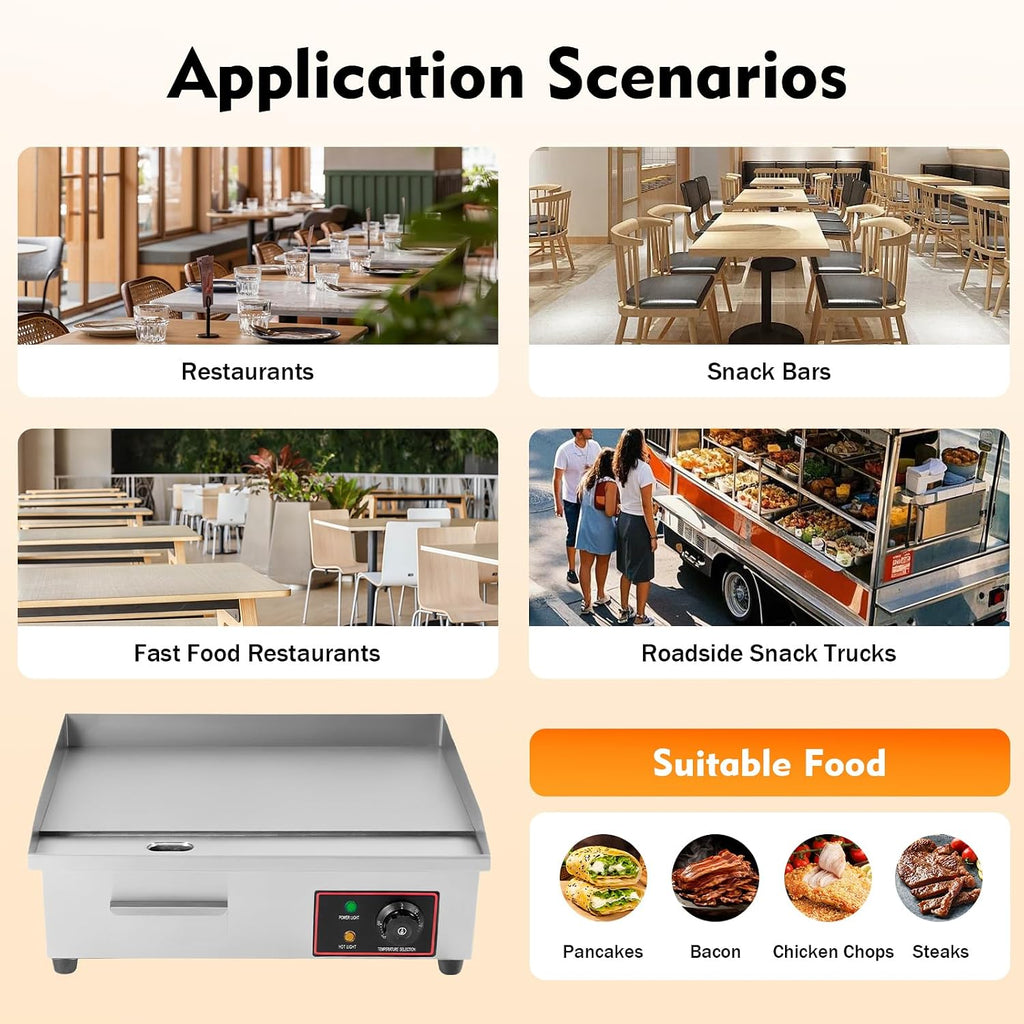 22' Commercial Electric Griddle Countertop Flat Top Griddle Stainless Steel Hibachi Teppanyaki Grill BBQ Plate 122-572℉ Adjustable Temp Control for Restaurant Kitchen,110V (1600W-2)