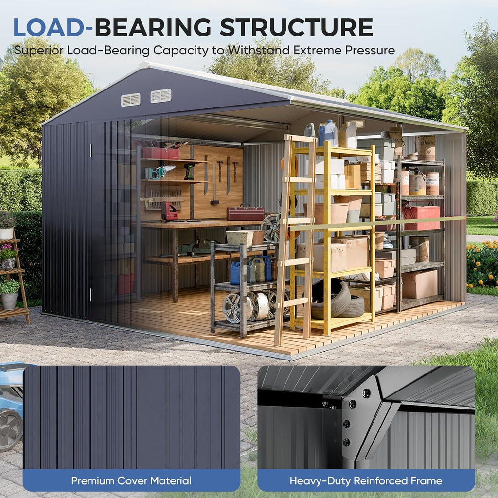 K Knowbody 10x10 FT Outdoor Storage Shed with Floor Base | Super-Reinforced Steel Shed | Skylight Roof & Windows | 15-Year Anti-Rust | Lockable Garden Storage