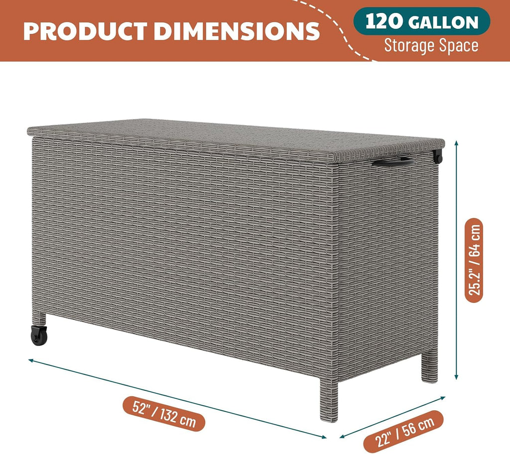 120 Gallon Rattan Deck Box, Outdoor Storage Box With Wheels and Handle, Waterproof Large Storage Bench Organizer for Patio Backyard Cushions, Pool Supplies and Garden Tools, Grey