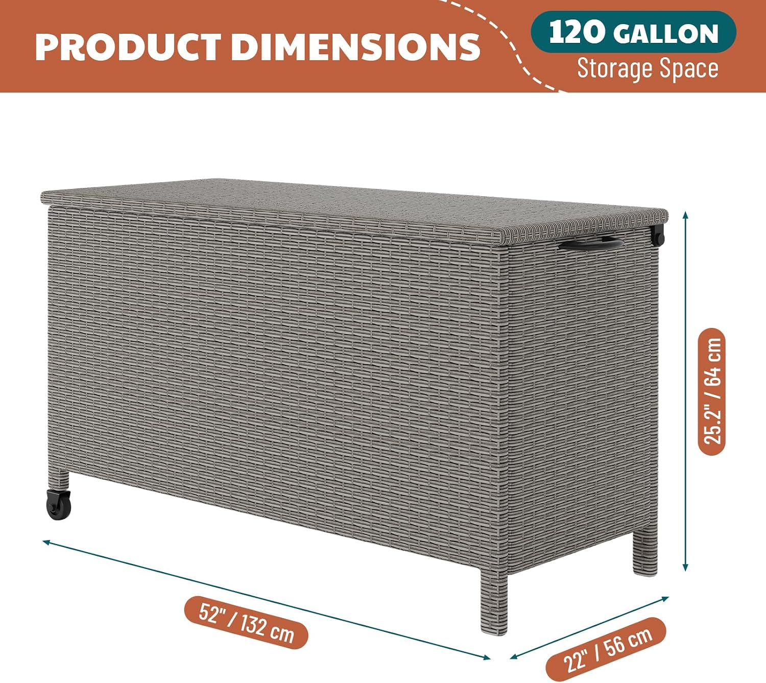 120 Gallon Rattan Deck Box, Outdoor Storage Box With Wheels and Handle, Waterproof Large Storage Bench Organizer for Patio Backyard Cushions, Pool Supplies and Garden Tools, Grey