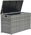Teamson Home 154 Gallon Lined Weather Resistant Outdoor Rattan Wicker Patio Deck Storage Box with Soft Close Hinges for Patio Furniture Cushions or Pool Accessories, Gray
