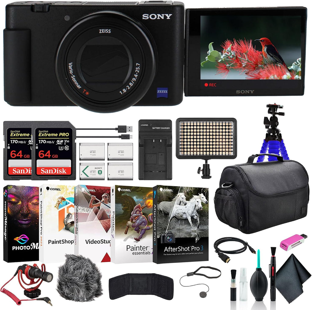 Sony ZV-1 Digital Camera Black DCZV1/B, 2 x 64GB Memory Card, Case, 3 x NP-BX1 Battery, Card Reader, LED Light, Corel Photo Software, HDMI Cable, Rode Compact Mic, Charger, and More