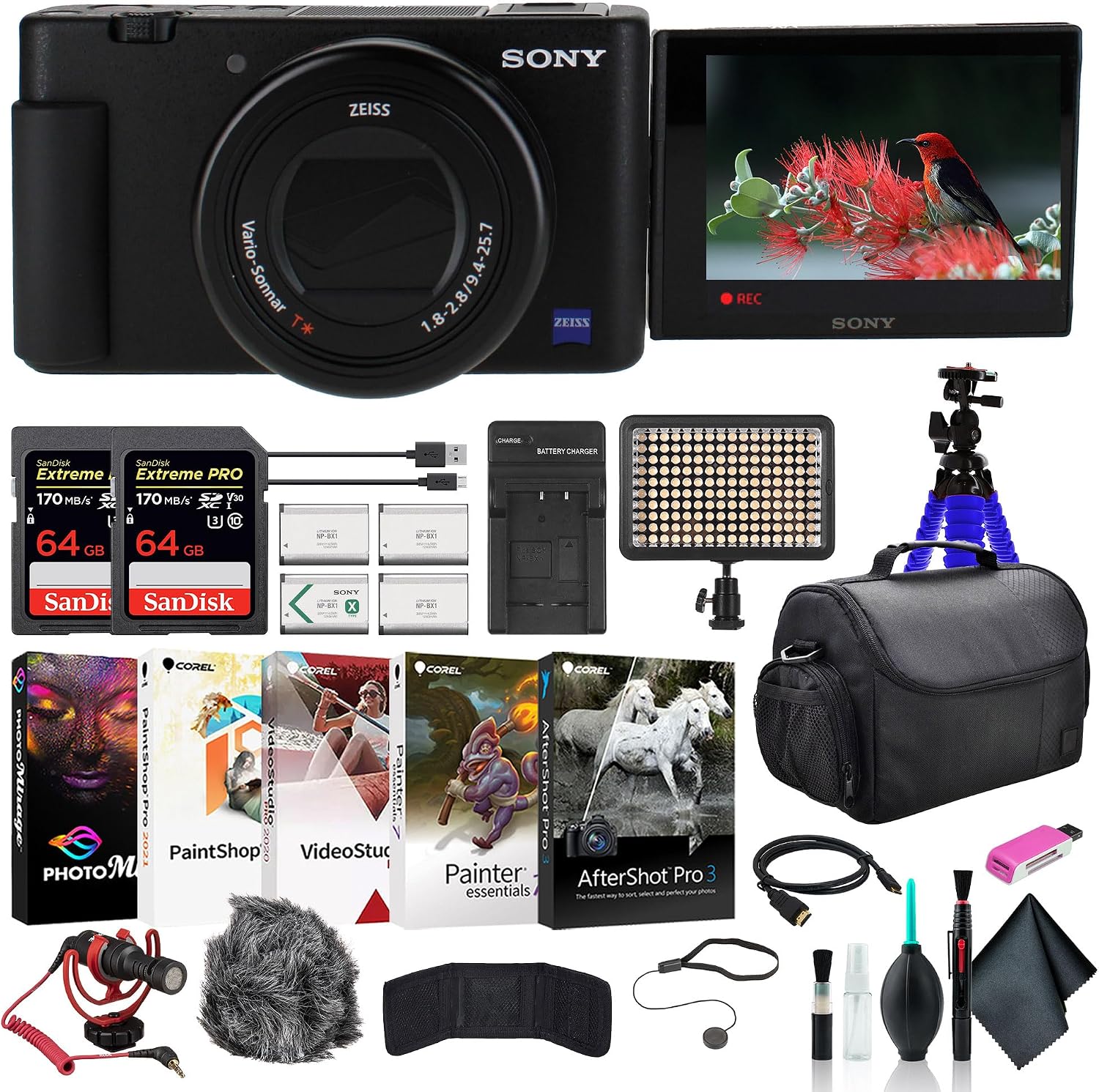 Sony ZV-1 Digital Camera Black DCZV1/B, 2 x 64GB Memory Card, Case, 3 x NP-BX1 Battery, Card Reader, LED Light, Corel Photo Software, HDMI Cable, Rode Compact Mic, Charger, and More