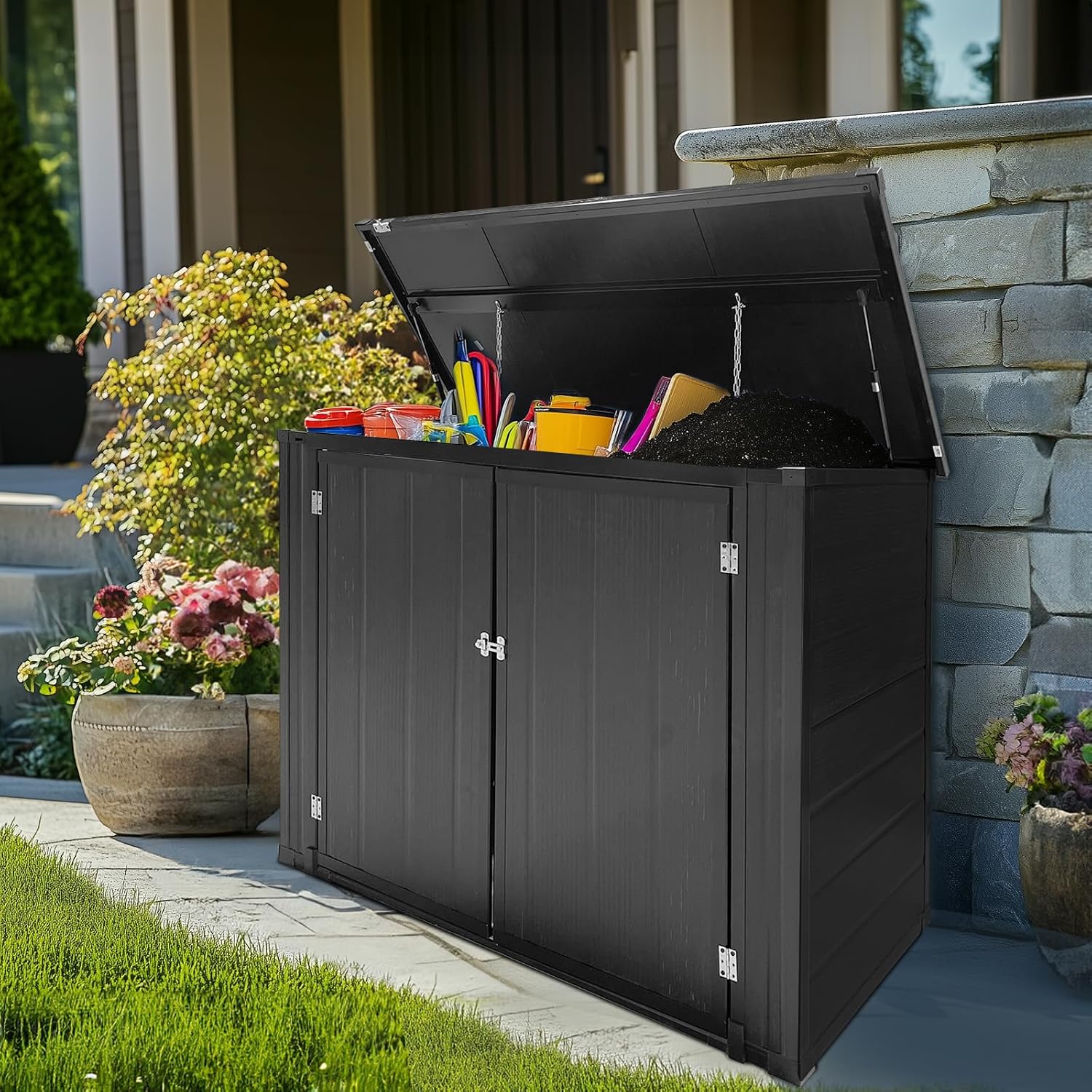 VINGLI 36 Cu. Ft. Outdoor Storage Shed, Heavy Duty Horizontal Yard Storage Shed with Dual Opening, 295 Gallon Storage Bin with Weatherproof Design for Garden Tools, Yard Garbage Bins