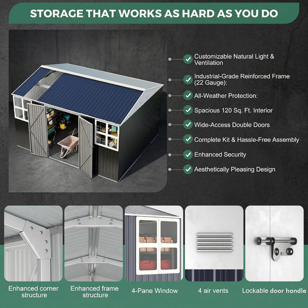 WACASA 12x10 FT Metal Shed Heavy-Duty | Military-Grade 20-Gauge Reinforced Frame with Powder Coating | 50 PSF Snow Load & 120 MPH Wind Rated | Tiny House Skylight Building