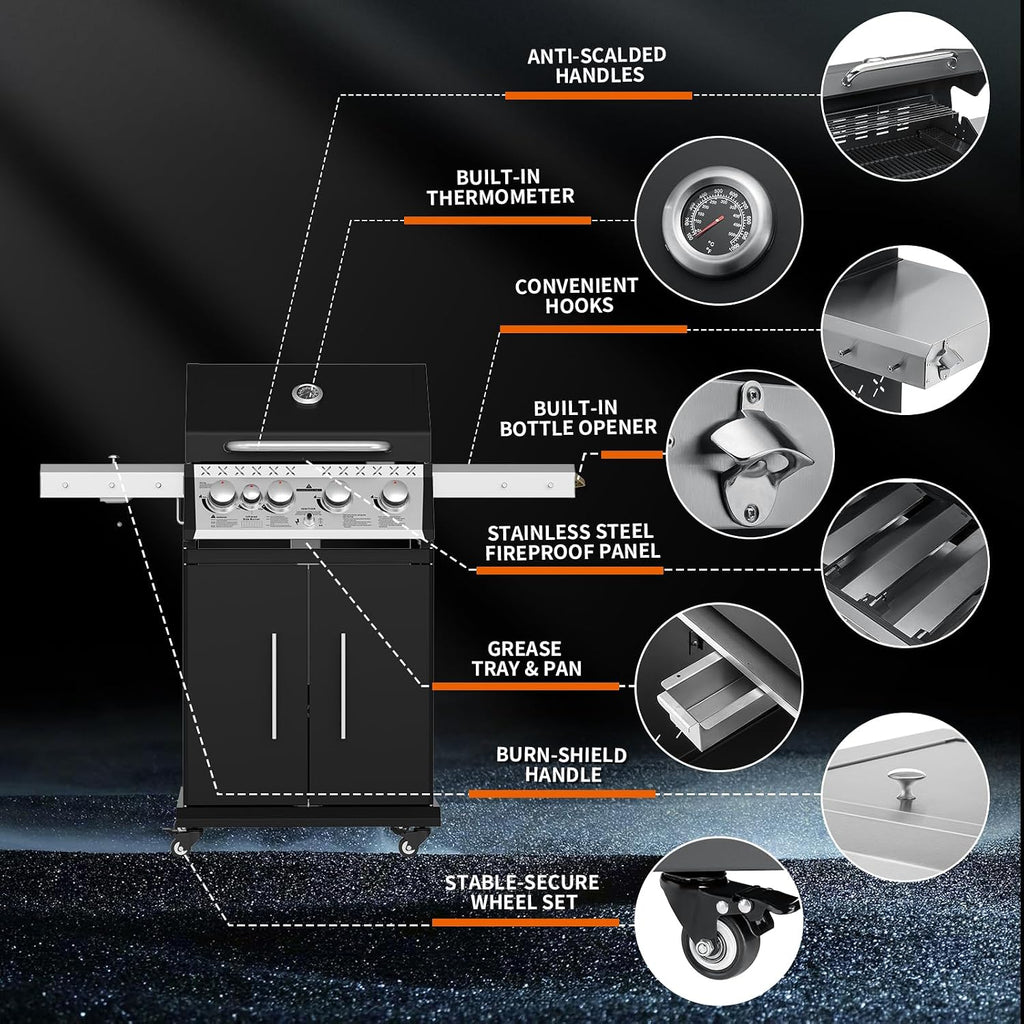Propane Gas Grill, 4+1 Stainless Steel Barbecue Grill with Infrared Side Burner for Outdoor Cooking, Black