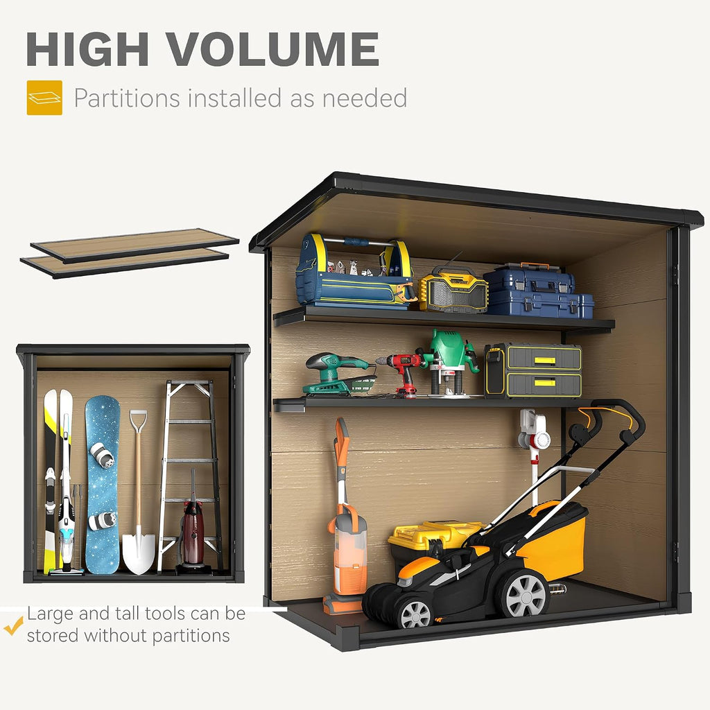 DWVO Outdoor Storage Shed 54 cuft with 2 Shelves, 4.2x2.6x5ft Vertical Tool Shed with Floor & Lockable Doors, Sturdy Double-Wall Plastic Cabinet for Garbage Cans and Garden Storage, Brown