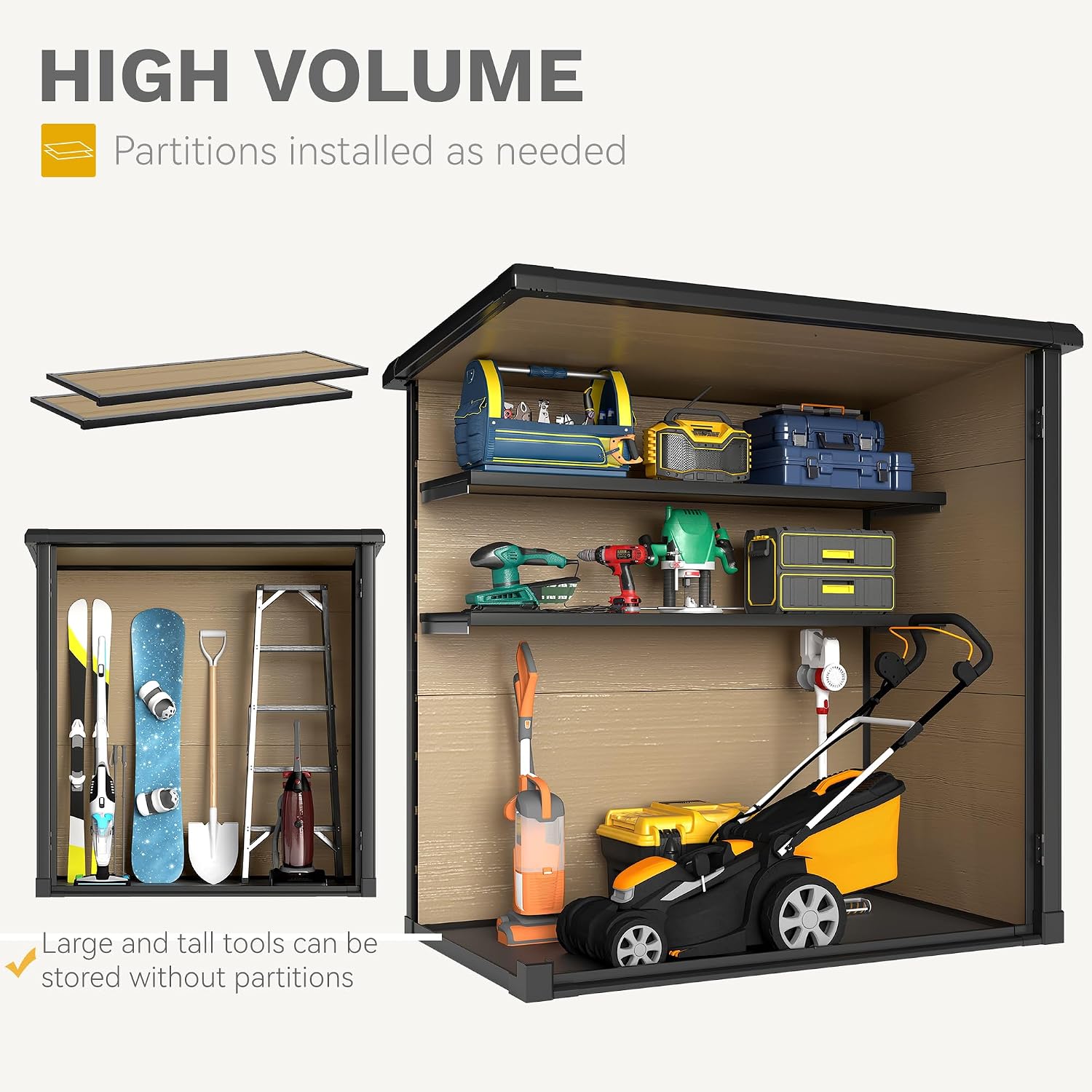 DWVO Outdoor Storage Shed 54 cuft with 2 Shelves, 4.2x2.6x5ft Vertical Tool Shed with Floor & Lockable Doors, Sturdy Double-Wall Plastic Cabinet for Garbage Cans and Garden Storage, Brown