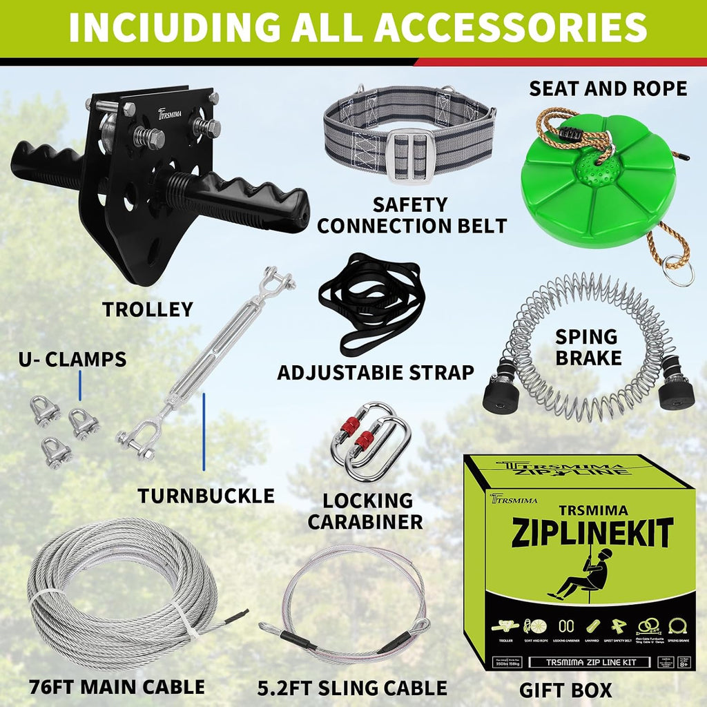TRSMIMA Zipline Backyard Kit - 76ft Zip line Zipline Trolley Steel Spring Brake System