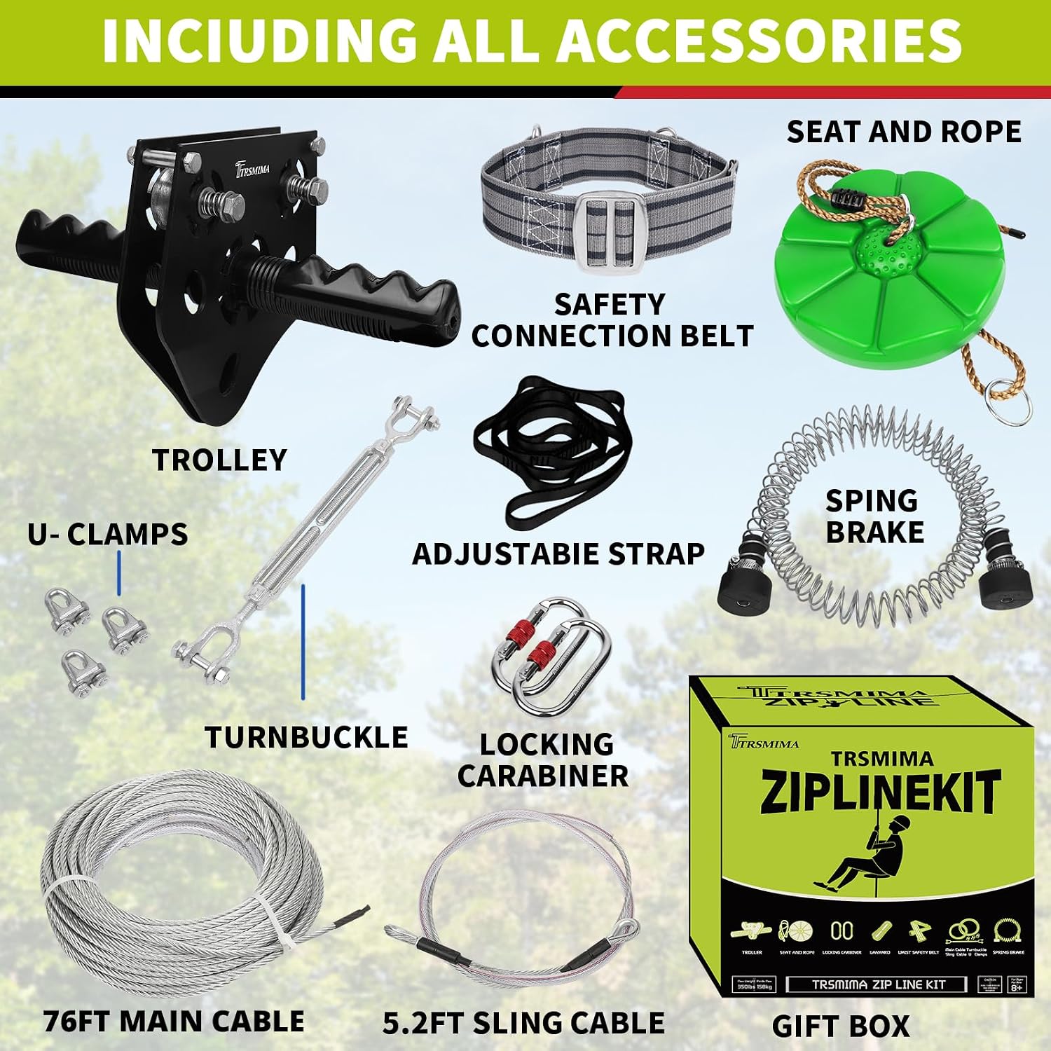 TRSMIMA Zipline Backyard Kit - 76ft Zip line Zipline Trolley Steel Spring Brake System