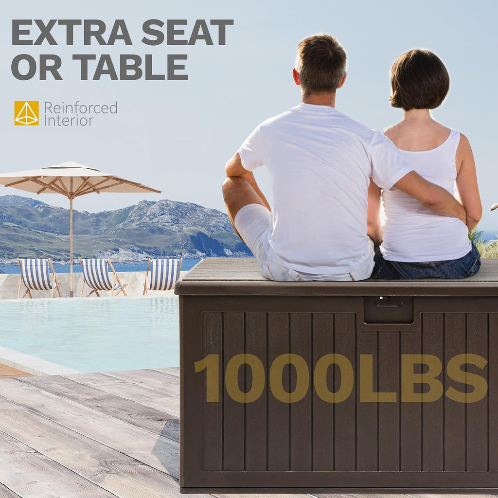 DWVO 180 Gallon Double-Wall Deck Box, XL Large Resin Outdoor Storage Box, Lockable & Waterproof, Double as Seating, 1000lbs Capacity (Brown)
