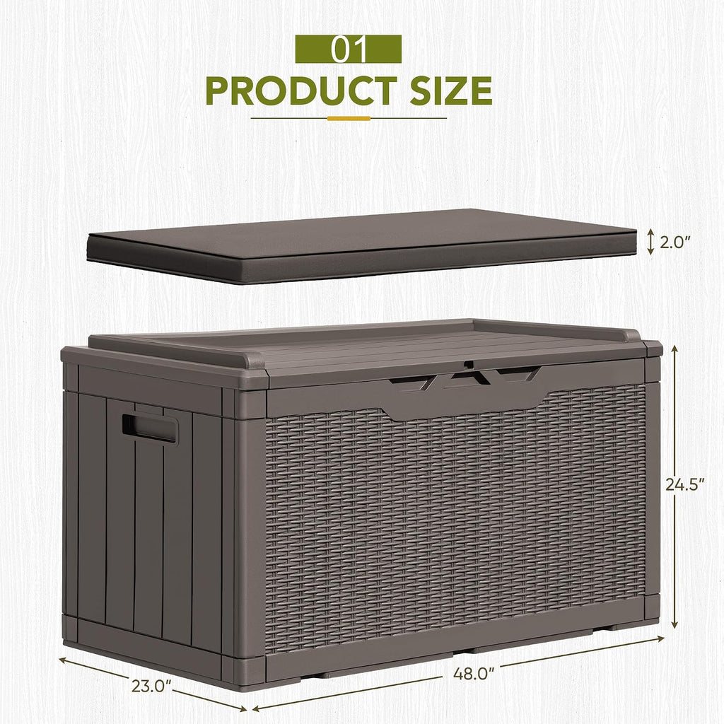 GUNJI 100 Gallon Resin Deck Box with Cushion,Outdoor Weatherproof Large Storage Box,Lockable Storage Container for Patio Furniture,Garden Tools,Pool Supplies (Brown)