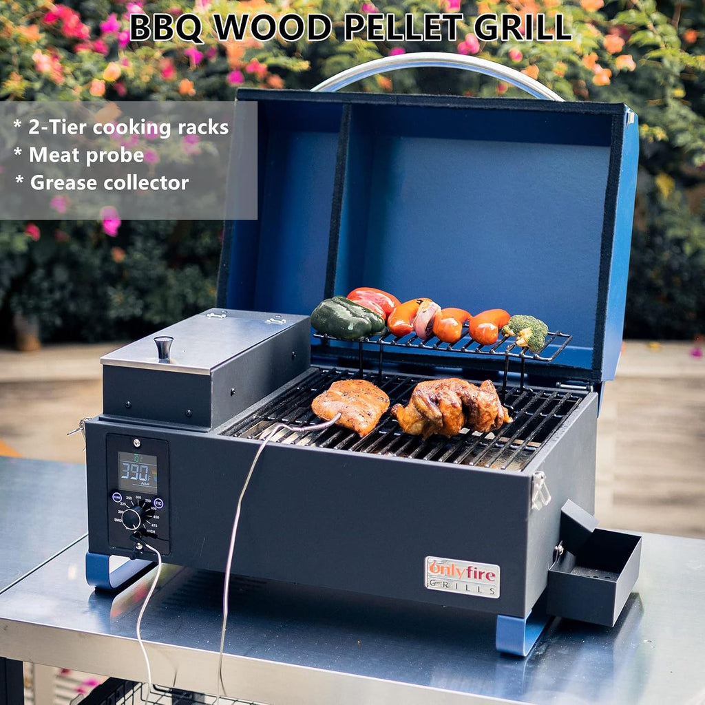 ONLYFIRE GRILLS BBQ Wood Pellet Grill Smoker with Digital Control, Meat Probe & 2 Tiers Cooking Area, Portable Tabletop Grilling Stove for BBQ, Smoke, Bake and Roast, RV Camping, Blue GS313
