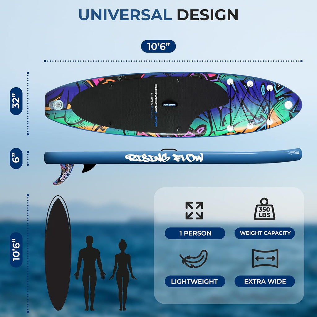 SereneLife Inflatable Stand Up Paddle Board - Wide Stable Design, Non-Slip Deck for Adults & Youth with Premium Paddle Board Accessories: Carry Bag, Dual Action Pump, Paddle, Ankle Leash