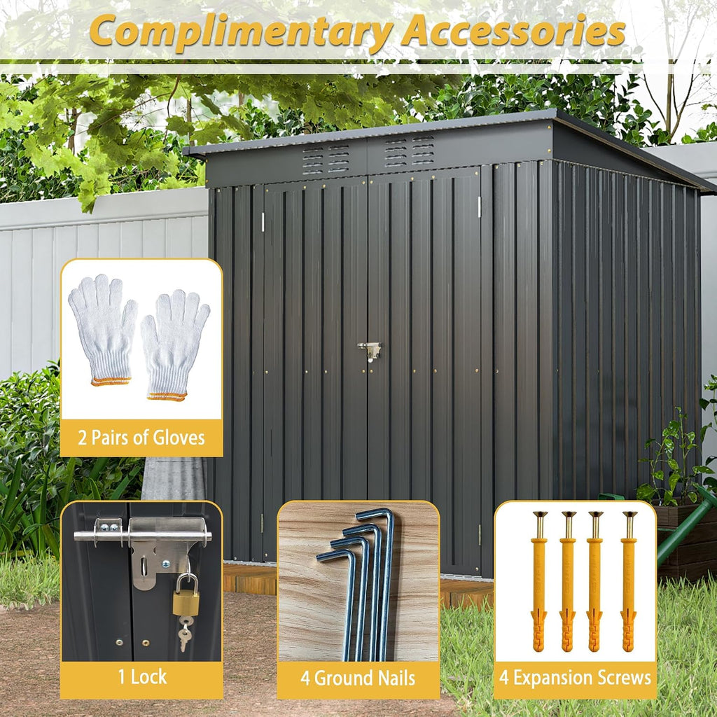 6x4 FT Outdoor Storage Shed, Metal Garden Shed with Frame Floor, Outside Tool Shed with Lockable Hinged Doors, Waterproof Storage Building with Sloped Roof for Backyard, Patio, Lawn, Black