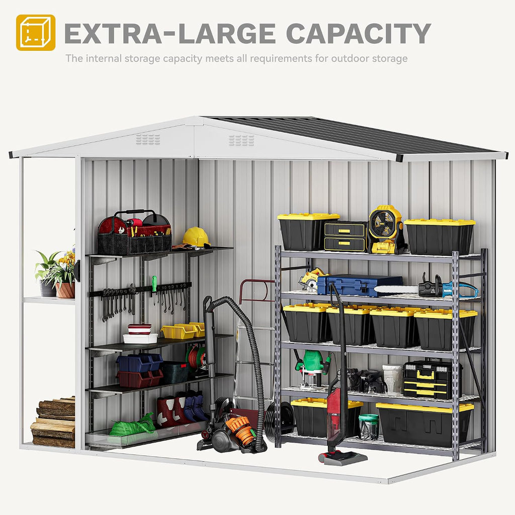 DWVO Outdoor Storage Shed 8x4FT with Rack, Metal Garden Shed with Storage Shelves, Bike Storage Tool Cabinet Box for Lawn Backyard Patio Use, Dark Gray