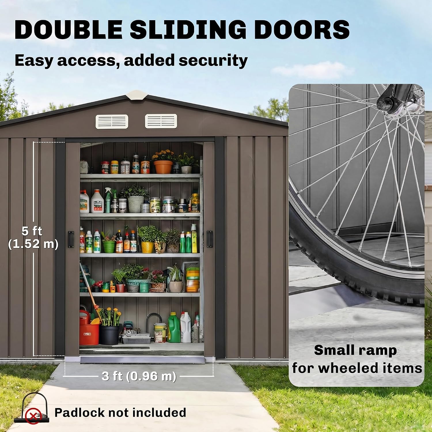 Outsunny 9' x 6' Outdoor Storage Shed, Garden Tool Metal Shed with Foundation Kit, Double Lockable Door, Air Vents and Sloping Roof, for Backyard, Patio, Lawn, Brown