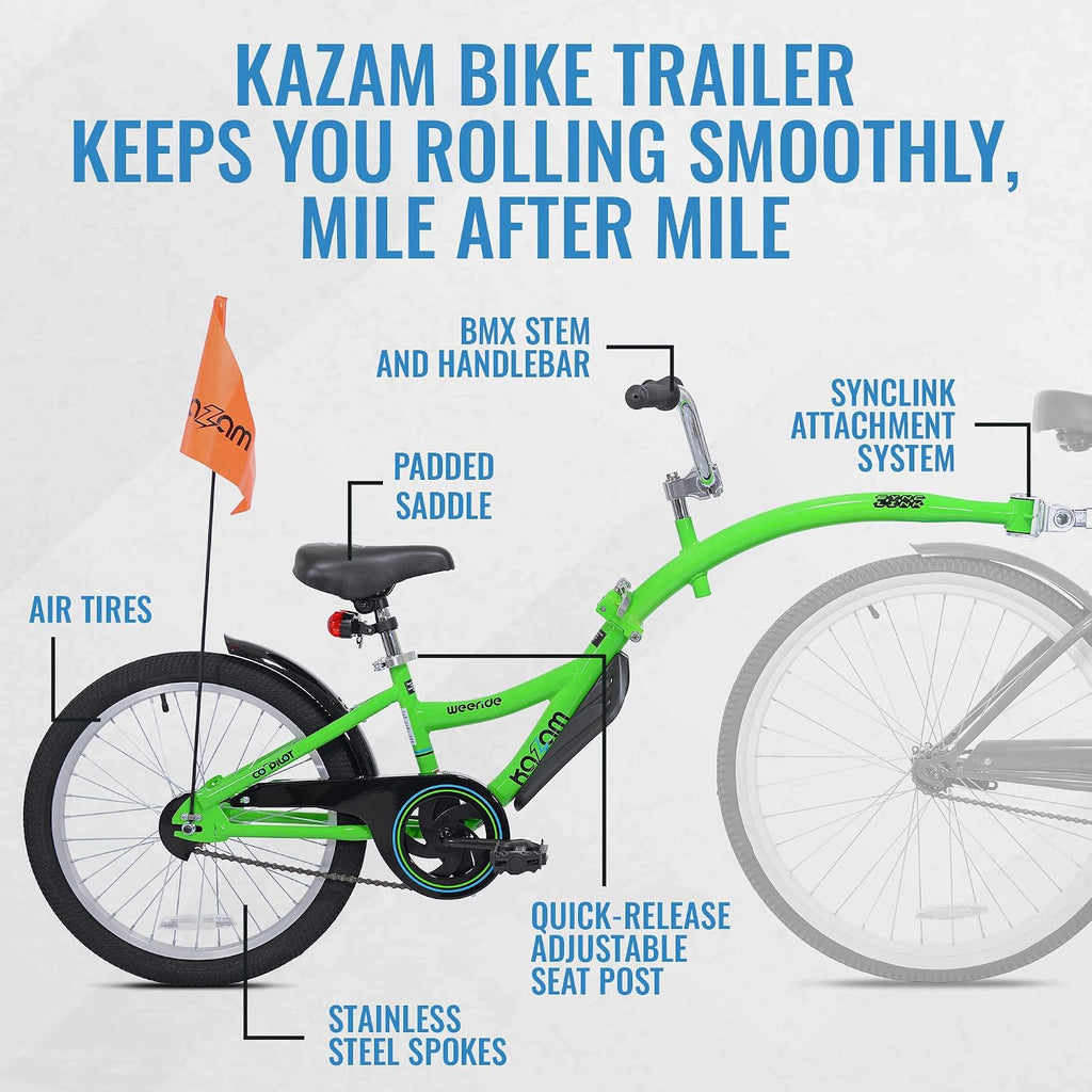KaZAM Co-Pilot Bike Trailer - 20 Inch Bike Trailer with Adjustable BMX Stem and Handlebar - Lightweight Aluminum Frame and Padded Saddle for Cycling - Perfect for Family Rides