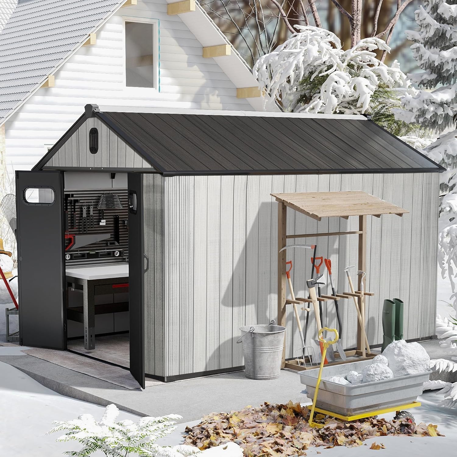 Domi 8X12FT Resin Outdoor Storage Shed, Plastic Garden Shed with Carpet, All Weather Outside Storage Building for Lawn Mower, Tools, Bike, Backyard