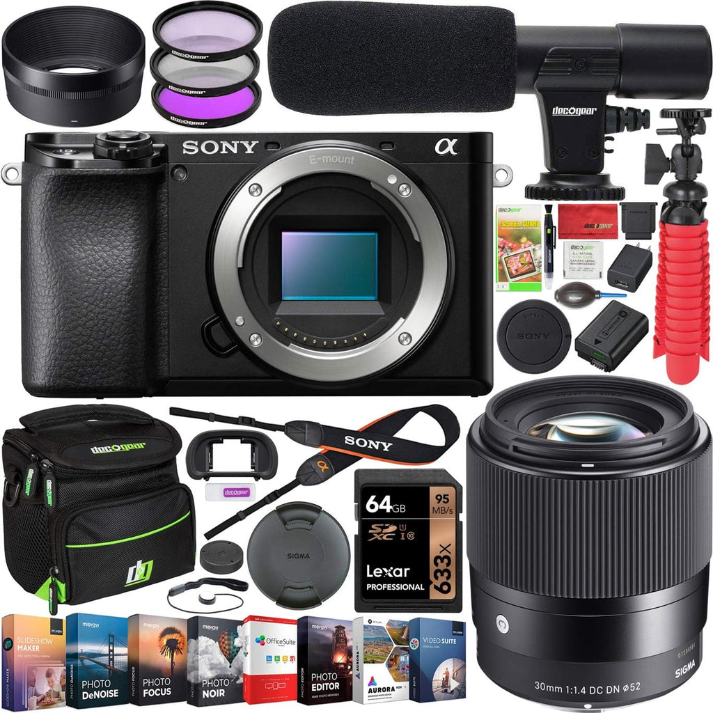 Sony a6100 Mirrorless Camera 4K APS-C Camera Body ILCE-6100B Bundle with Sigma 30mm F1.4 DC DN C Lens + Deco Gear Condenser Microphone + Travel Bag Case + Photo Video Software Kit + Accessories