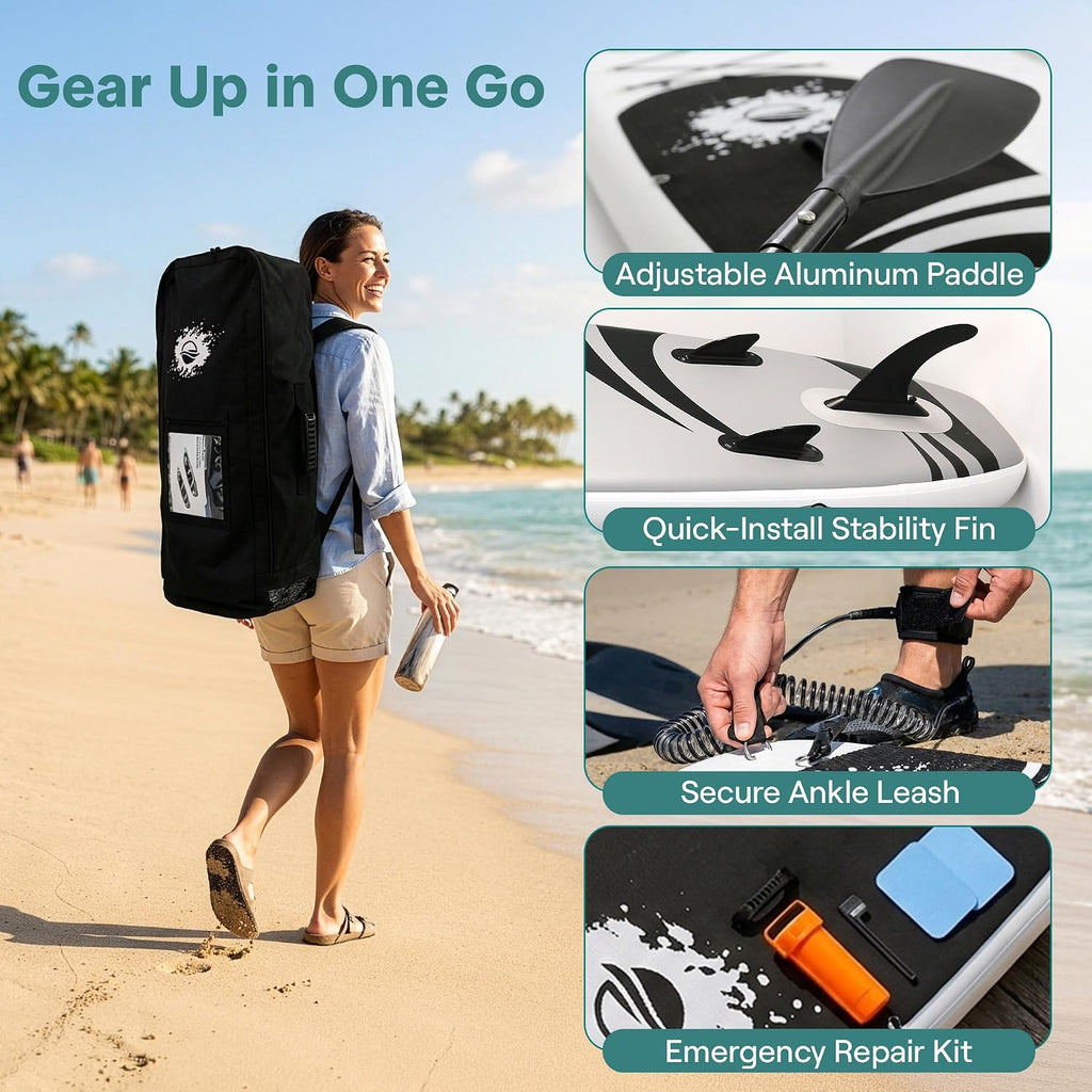 SereneLife Inflatable Stand Up Paddle Board with Premium SUP Accessories - Wide Stable Design with Non-Slip EVA Deck Pad