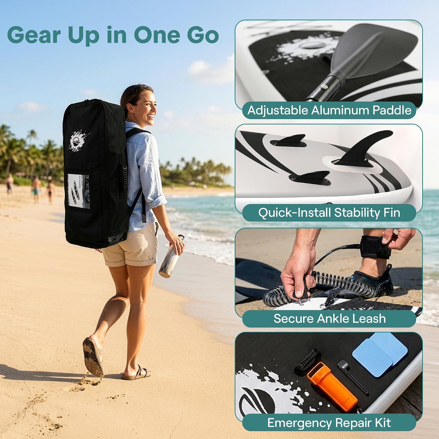 SereneLife Inflatable Stand Up Paddle Board with Premium SUP Accessories - Wide Stable Design with Non-Slip EVA Deck Pad