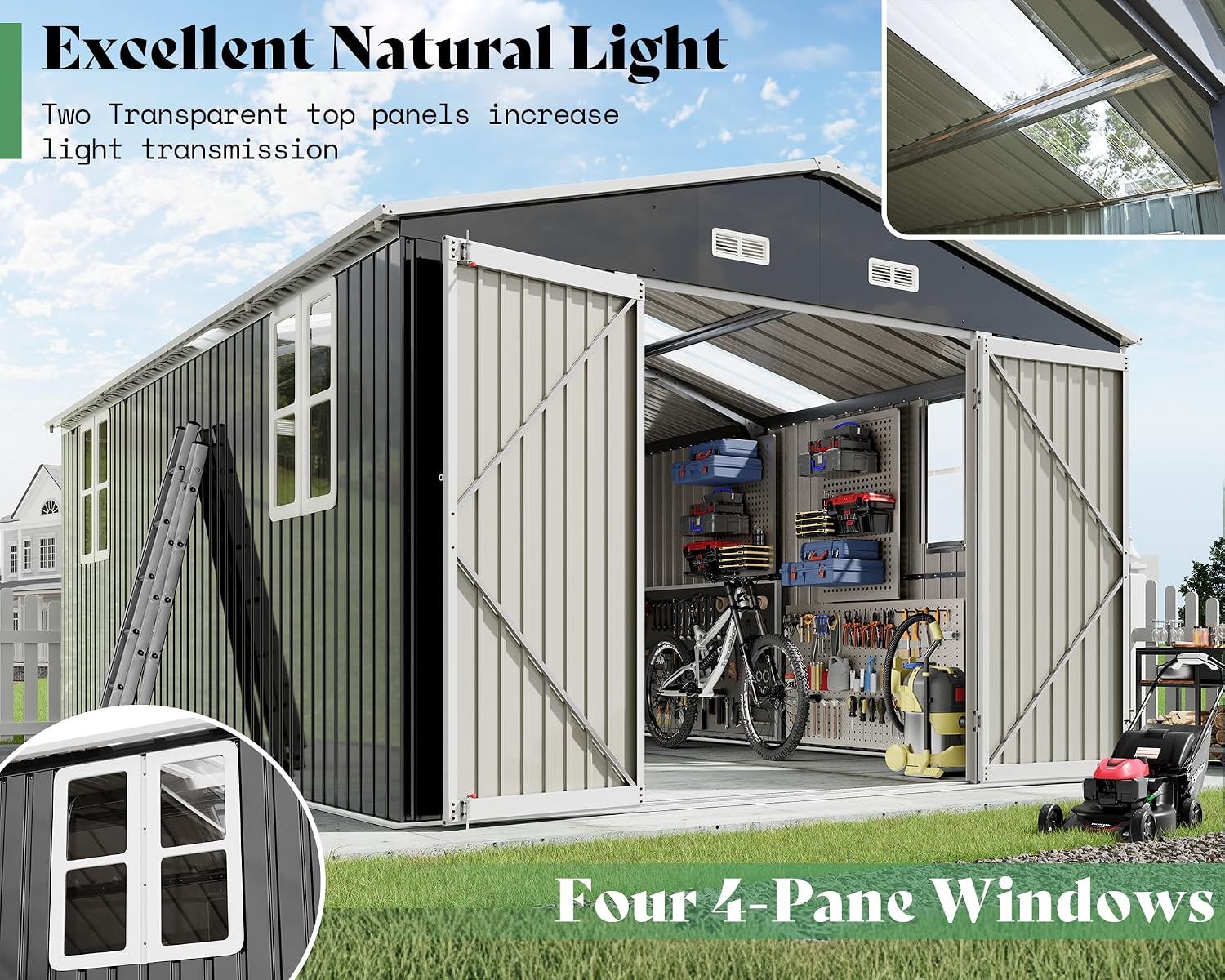 AMERLIFE 10x16x7 FT Outdoor Storage Shed with 2 Transparent Panels, Metal Garden Shed with Hinged Double Doors, 4 Windows & 4 Vents, Reinforced Steel Frame for Backyard, Garden, Dark Gray