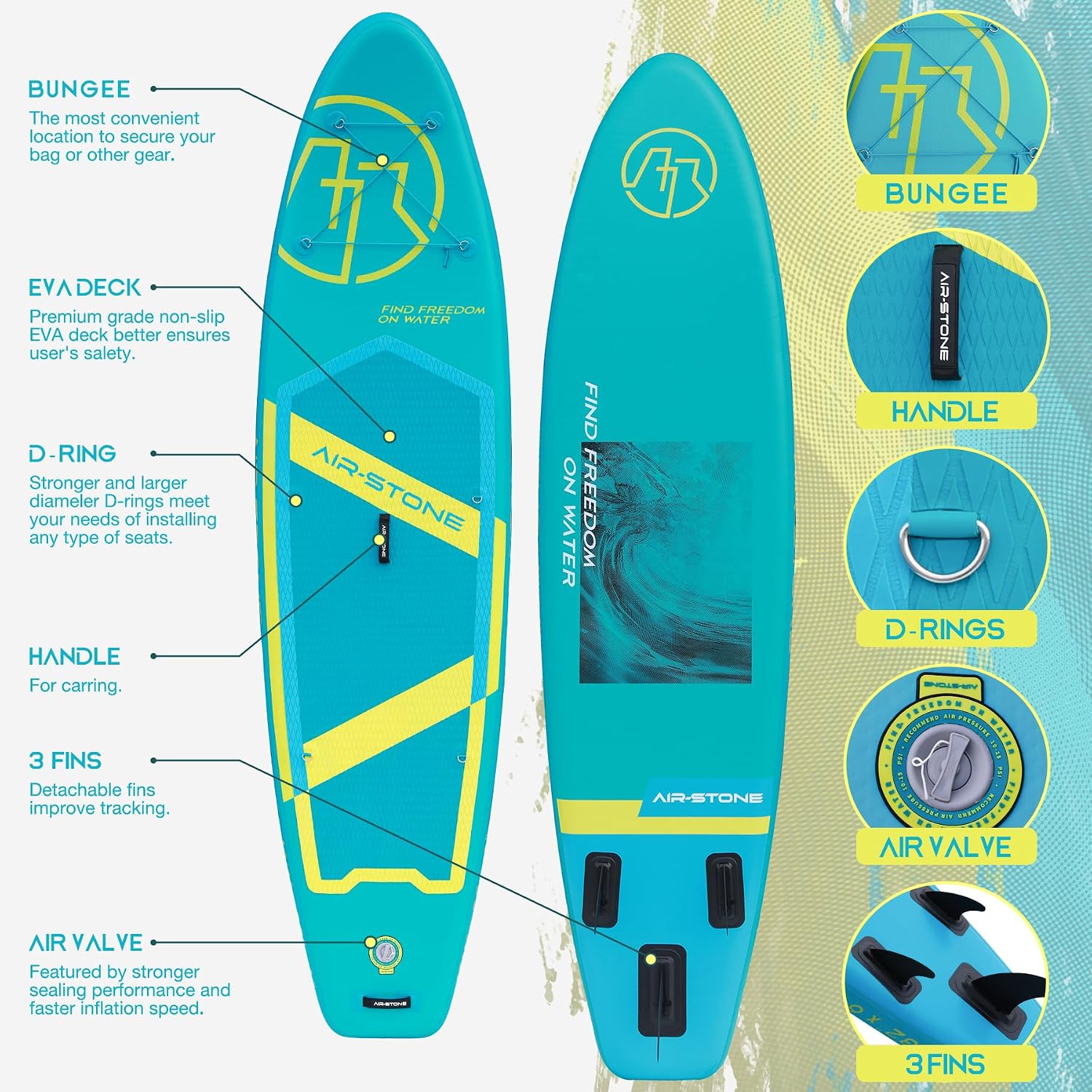 AIR-STONE 10'6' 450 lb Capacity，Inflatable Stand Up Paddle Board with sup Accessories Including Backpack, Repairing Kits, Non-Slip Deck, Leash, 3 Fins, Paddle and Hand Pump